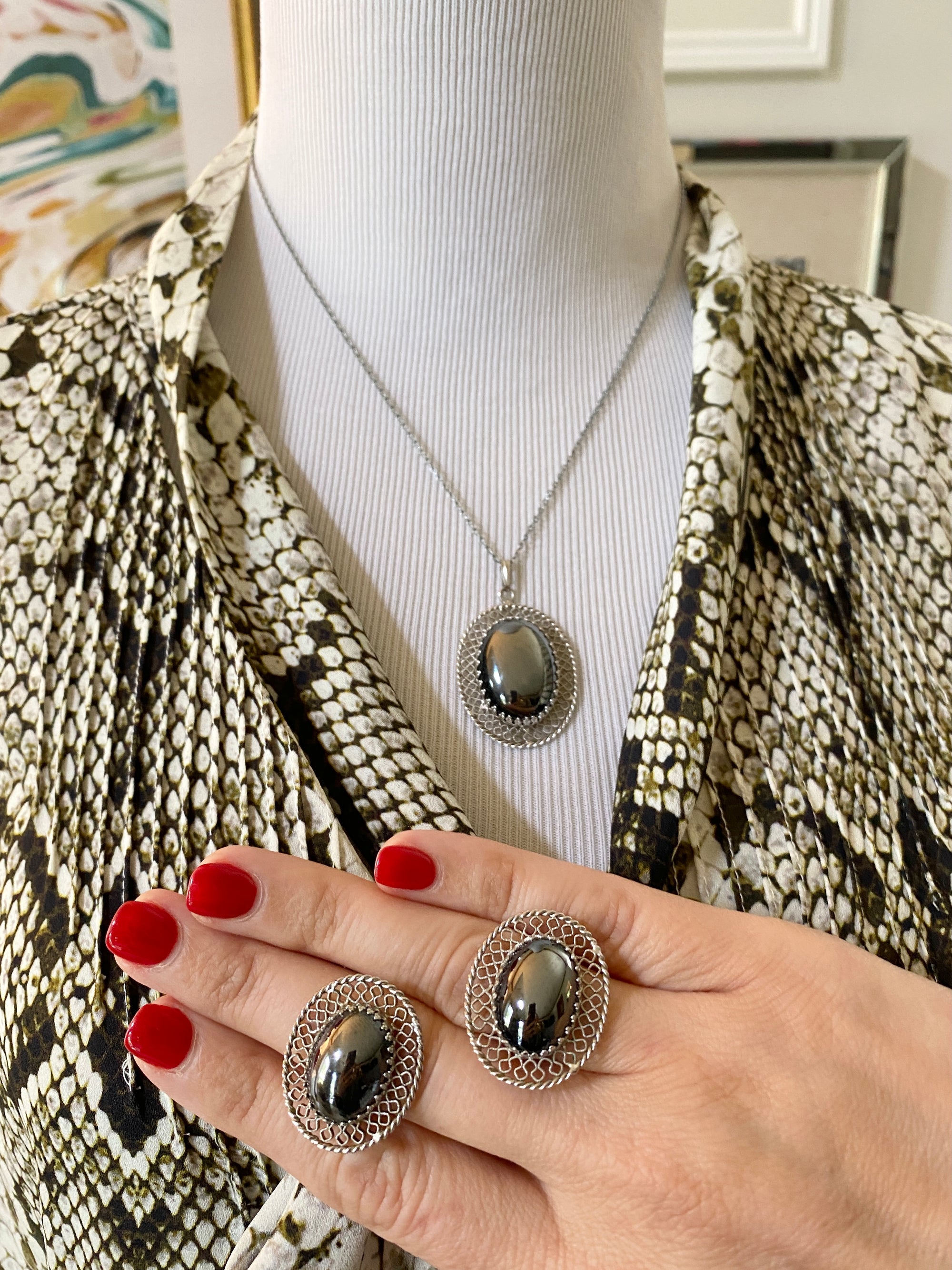 Vintage Whiting and Davis Silver Hematite Pendant Necklace by Whiting and Davis - Vintage Meet Modern Vintage Jewelry - Chicago, Illinois - #oldhollywoodglamour #vintagemeetmodern #designervintage #jewelrybox #antiquejewelry #vintagejewelry