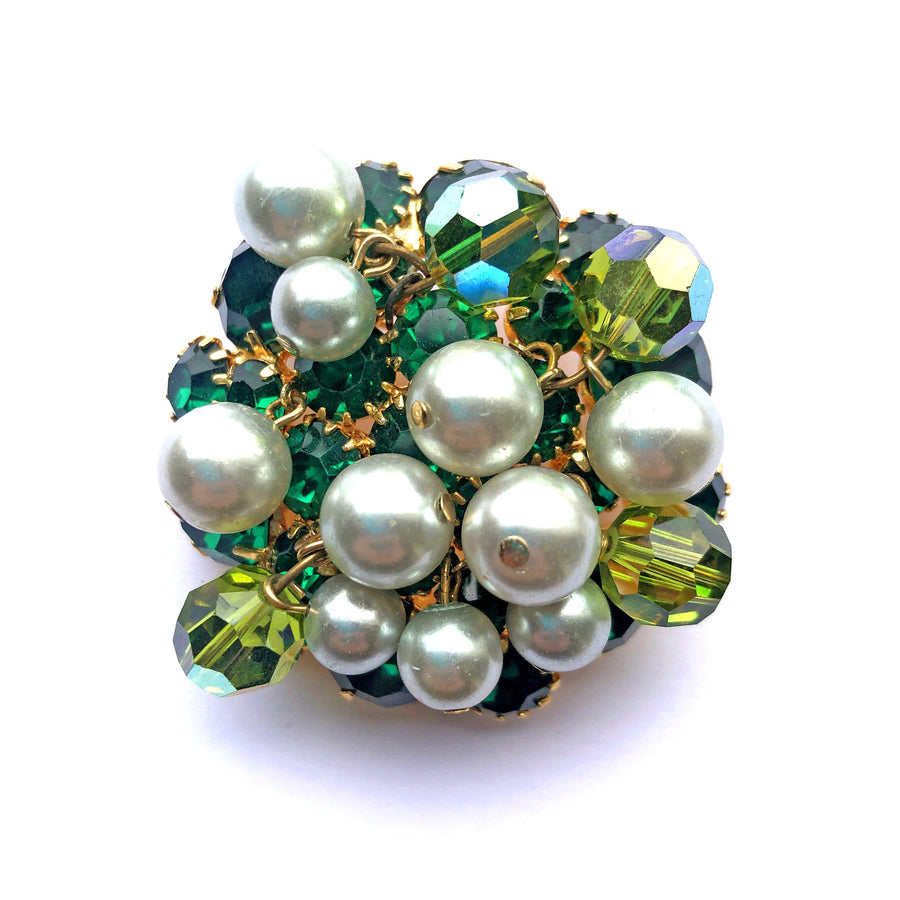 Vintage Shade of Green Rhinestone Brooch with Gray Cha Cha Pearl by Juliana - Vintage Meet Modern Vintage Jewelry - Chicago, Illinois - #oldhollywoodglamour #vintagemeetmodern #designervintage #jewelrybox #antiquejewelry #vintagejewelry