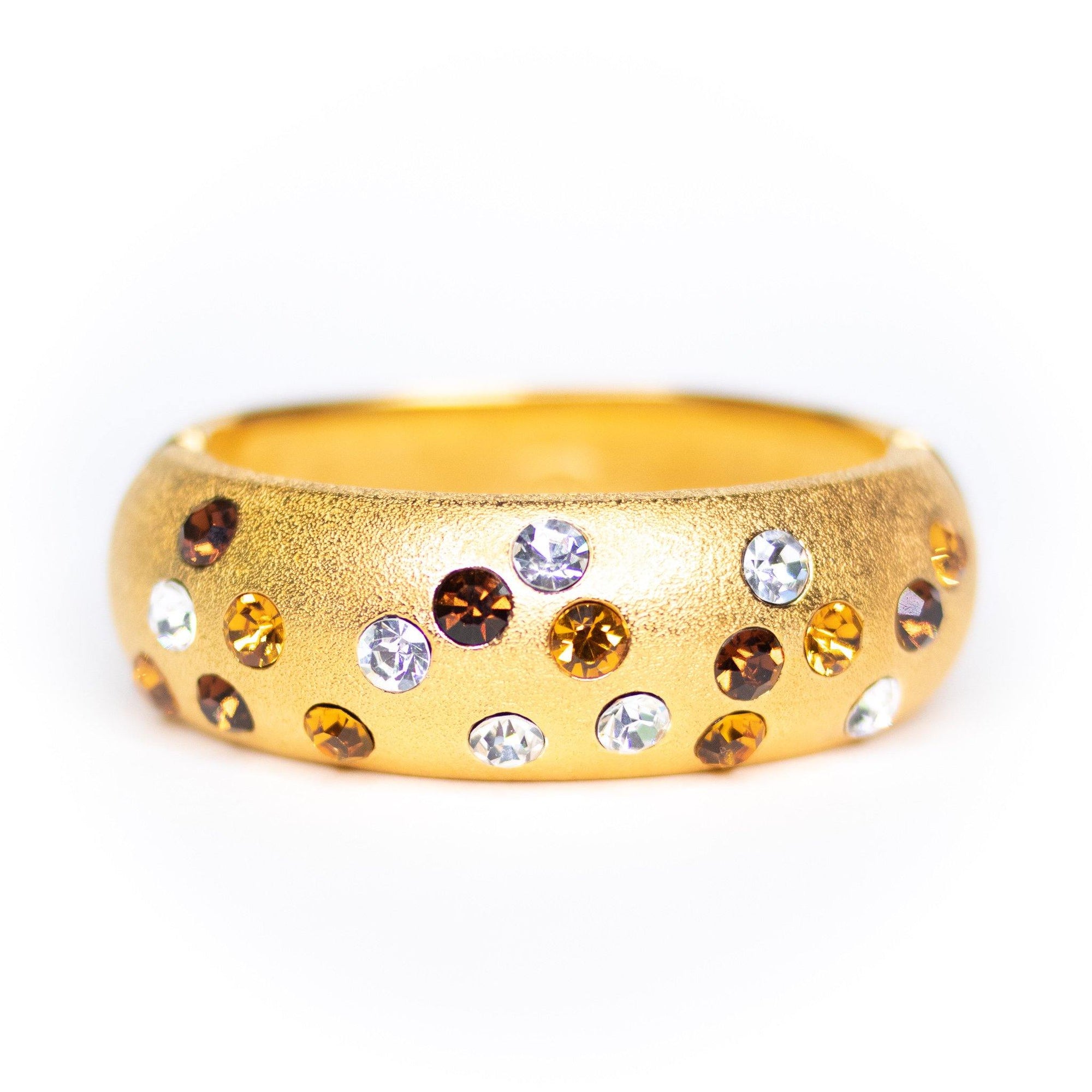 Jackie Collins Brushed Gold Bangle Bracelet with Diamante, Citrine, and Amber Rhinestones by Jackie Collins - Vintage Meet Modern Vintage Jewelry - Chicago, Illinois - #oldhollywoodglamour #vintagemeetmodern #designervintage #jewelrybox #antiquejewelry #vintagejewelry