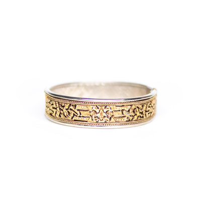 Vintage Gold Cutwork and Silver Hinged Bangle Bracelet by Unsigned Beauty - Vintage Meet Modern Vintage Jewelry - Chicago, Illinois - #oldhollywoodglamour #vintagemeetmodern #designervintage #jewelrybox #antiquejewelry #vintagejewelry