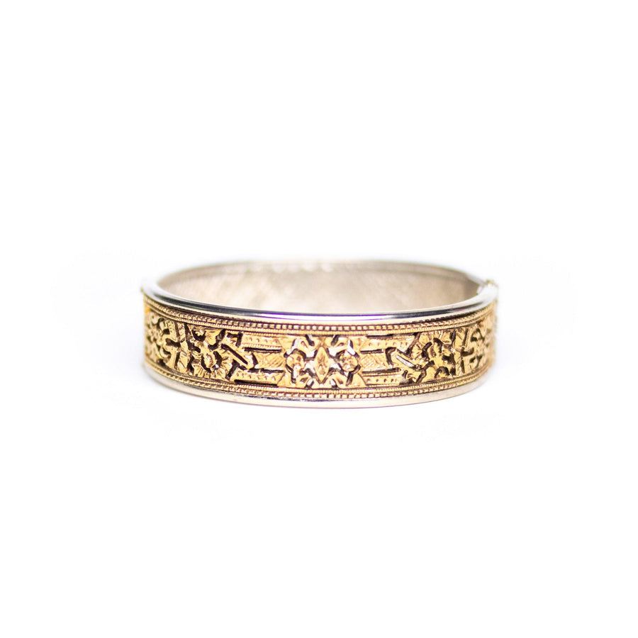 Vintage Gold Cutwork and Silver Hinged Bangle Bracelet by Unsigned Beauty - Vintage Meet Modern Vintage Jewelry - Chicago, Illinois - #oldhollywoodglamour #vintagemeetmodern #designervintage #jewelrybox #antiquejewelry #vintagejewelry