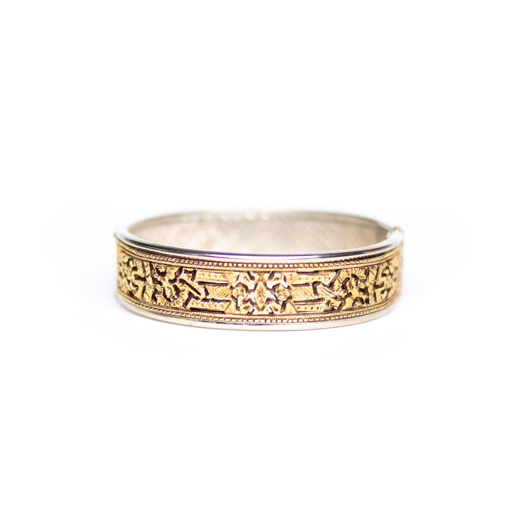 Vintage Gold Cutwork and Silver Hinged Bangle Bracelet by Unsigned Beauty - Vintage Meet Modern Vintage Jewelry - Chicago, Illinois - #oldhollywoodglamour #vintagemeetmodern #designervintage #jewelrybox #antiquejewelry #vintagejewelry