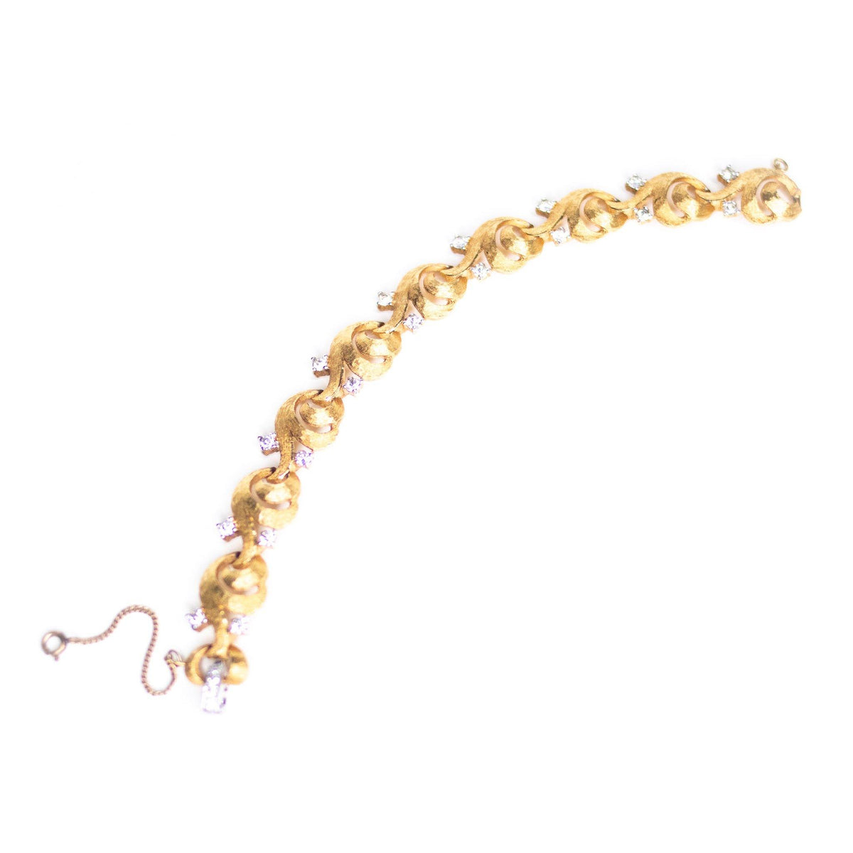 Vintage Mid Century Modern Era Gold Scroll Link Bracelet with Diamante Rhinestones