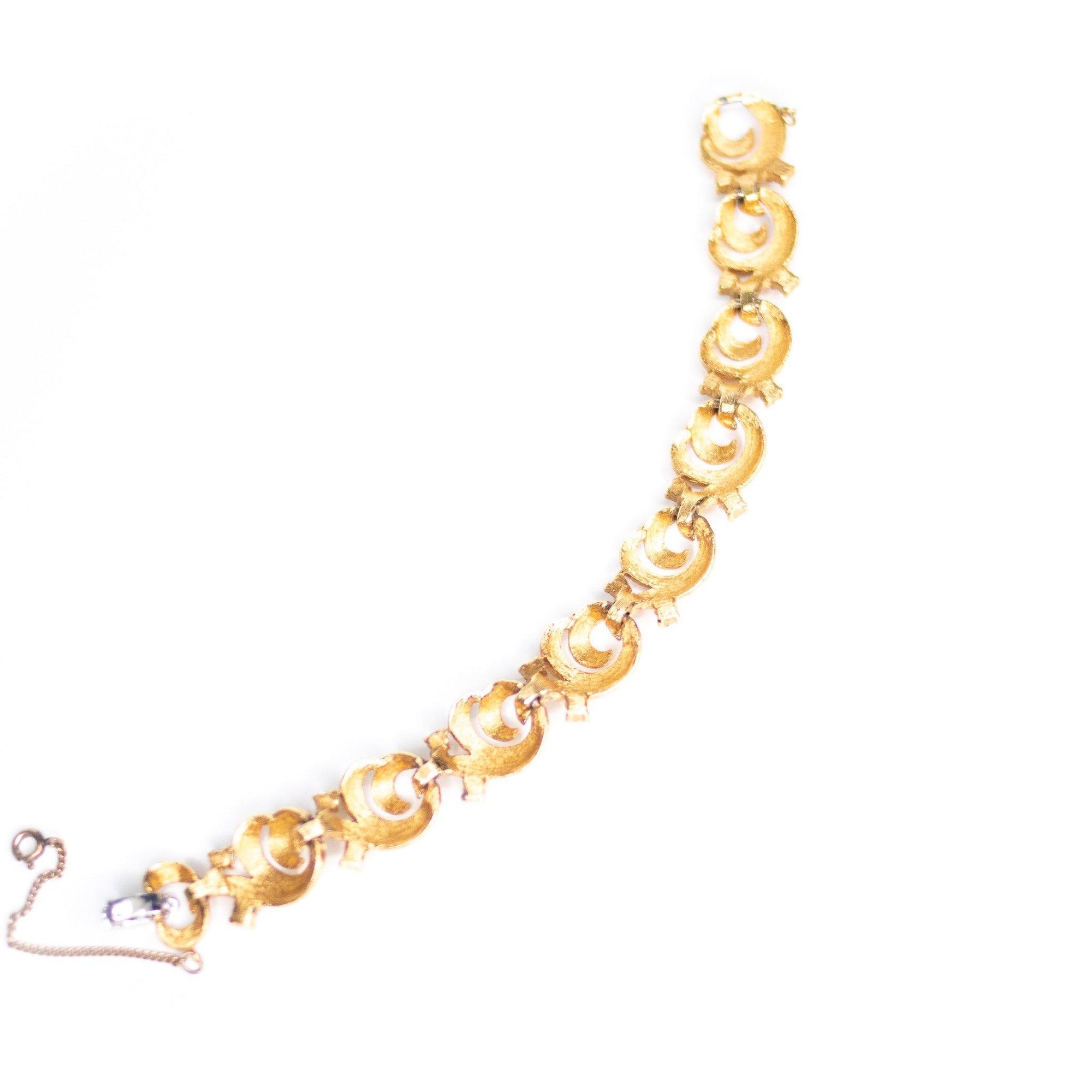 Vintage Mid Century Modern Era Gold Scroll Link Bracelet with Diamante Rhinestones by Unsigned Beauty - Vintage Meet Modern Vintage Jewelry - Chicago, Illinois - #oldhollywoodglamour #vintagemeetmodern #designervintage #jewelrybox #antiquejewelry #vintagejewelry