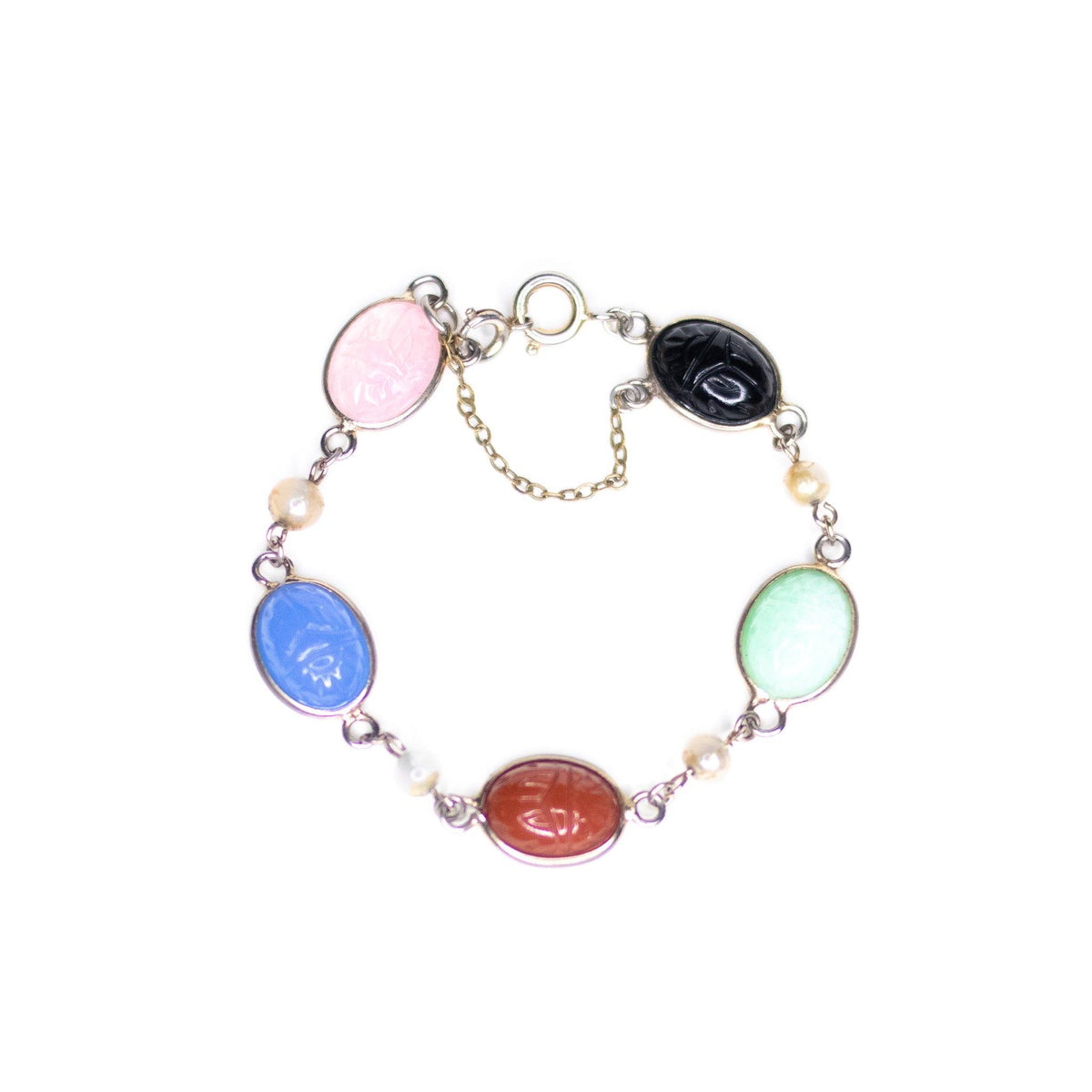 Vintage Gemstone Scarab Bracelet with Agate, Rose Quartz, Carnelian, Jade, and Onyx