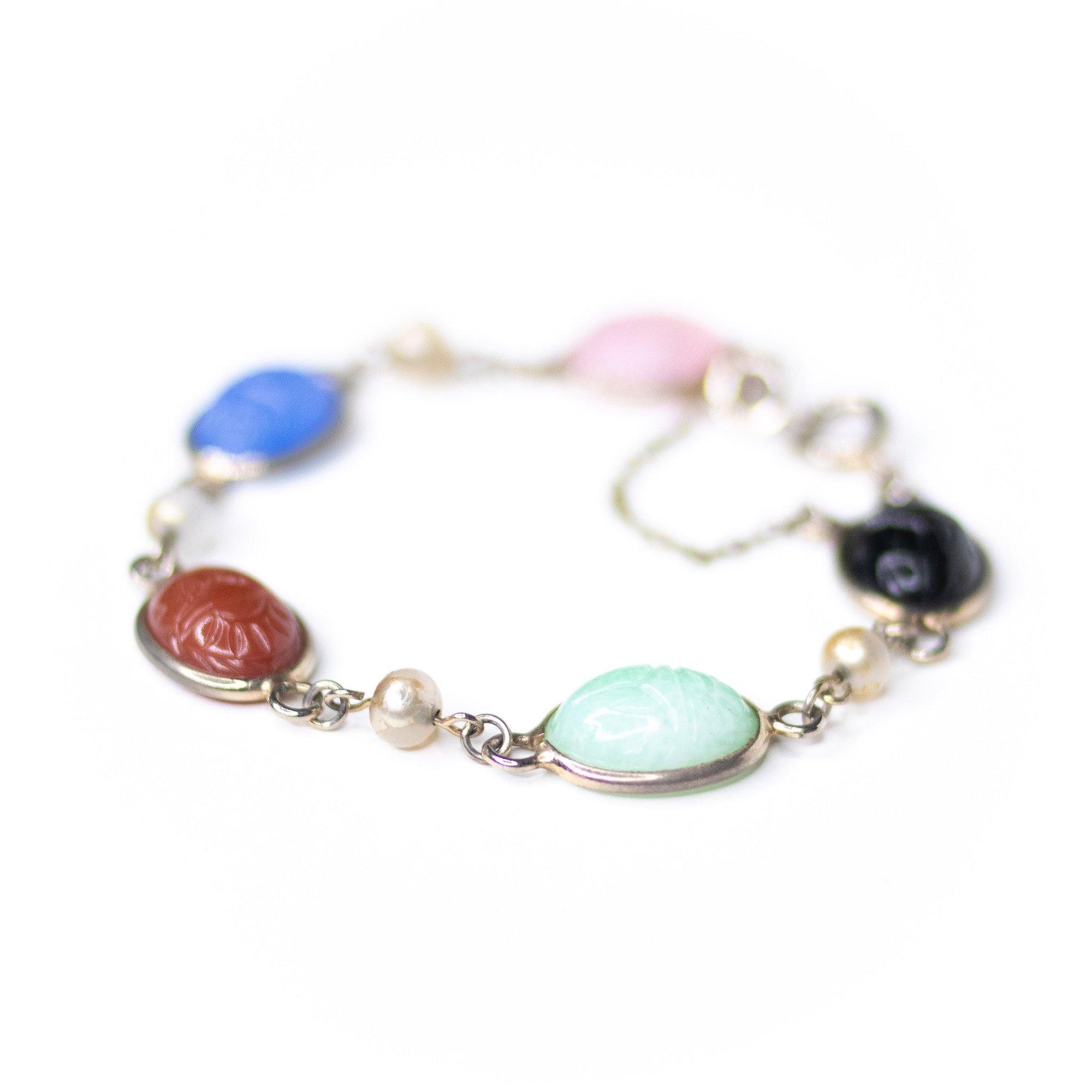 Vintage Gemstone Scarab Bracelet with Agate, Rose Quartz, Carnelian, Jade, and Onyx by Unsigned Beauty - Vintage Meet Modern Vintage Jewelry - Chicago, Illinois - #oldhollywoodglamour #vintagemeetmodern #designervintage #jewelrybox #antiquejewelry #vintagejewelry
