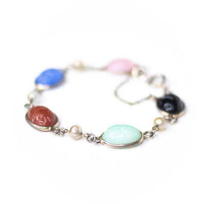 Vintage Gemstone Scarab Bracelet with Agate, Rose Quartz, Carnelian, Jade, and Onyx by Unsigned Beauty - Vintage Meet Modern Vintage Jewelry - Chicago, Illinois - #oldhollywoodglamour #vintagemeetmodern #designervintage #jewelrybox #antiquejewelry #vintagejewelry
