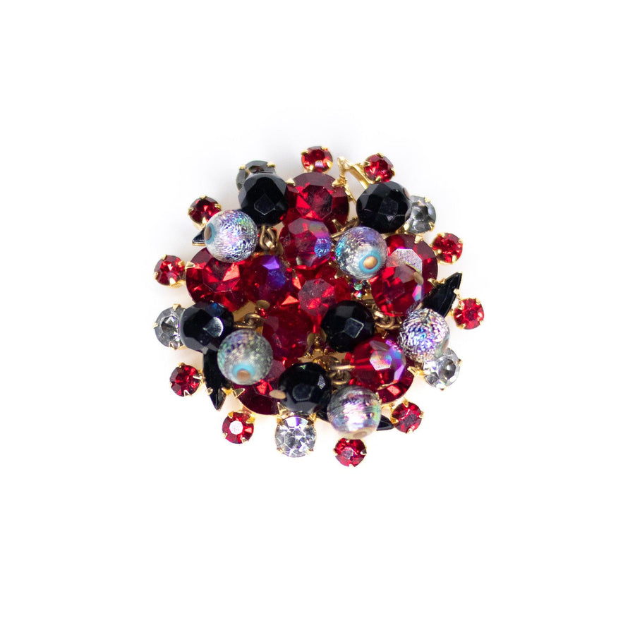 Vintage Juliana Red, Jet, Aurora Borealis Cha Cha Brooch by Juliana - Vintage Meet Modern Vintage Jewelry - Chicago, Illinois - #oldhollywoodglamour #vintagemeetmodern #designervintage #jewelrybox #antiquejewelry #vintagejewelry