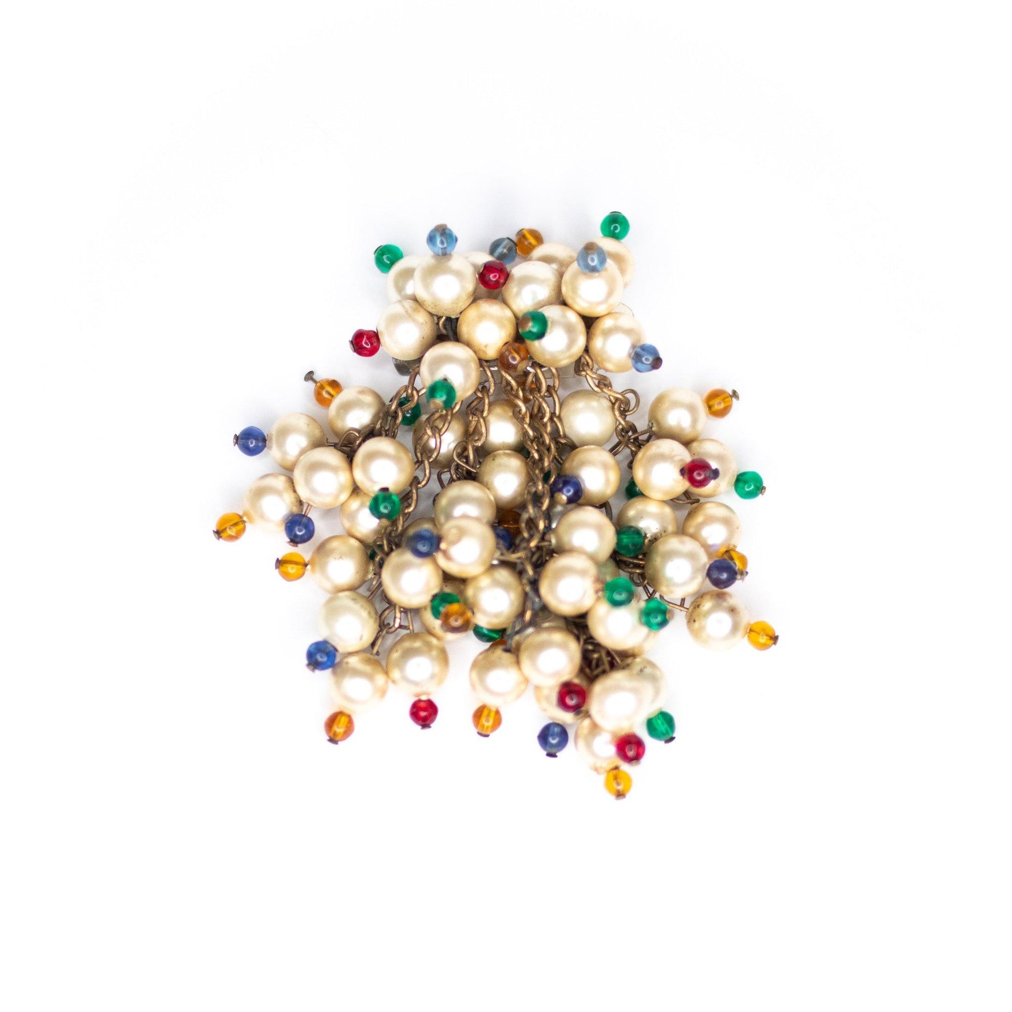 Vintage 1940s Dangling Cha-Cha Style Champagne Pearl and Red, Blue, Green, Yellow Brooch by Unsigned Beauty - Vintage Meet Modern Vintage Jewelry - Chicago, Illinois - #oldhollywoodglamour #vintagemeetmodern #designervintage #jewelrybox #antiquejewelry #vintagejewelry
