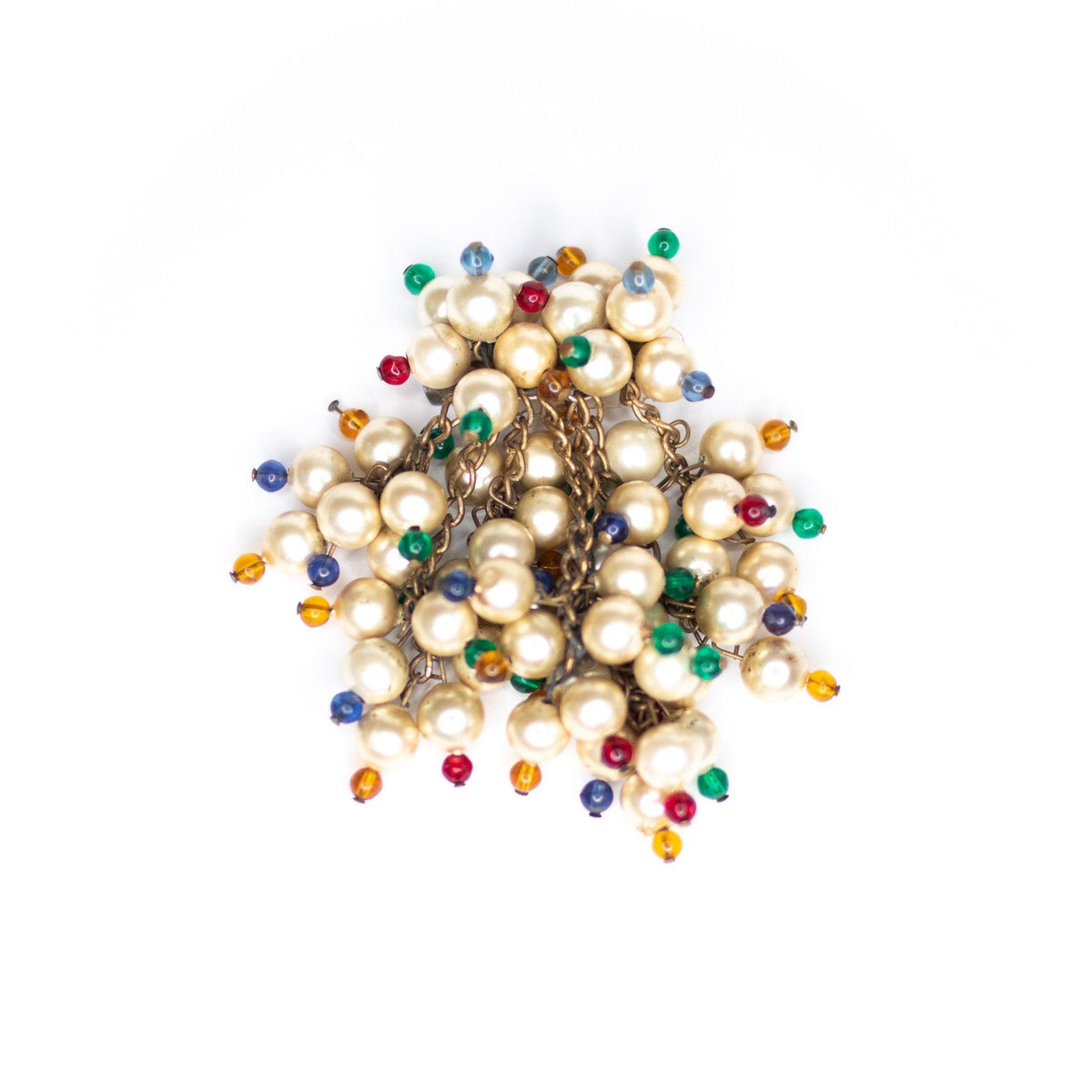 Vintage 1940s Dangling Cha-Cha Style Champagne Pearl and Red, Blue, Green, Yellow Brooch