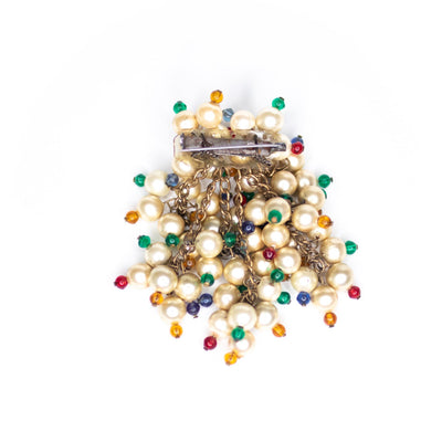 Vintage 1940s Dangling Cha-Cha Style Champagne Pearl and Red, Blue, Green, Yellow Brooch by Unsigned Beauty - Vintage Meet Modern Vintage Jewelry - Chicago, Illinois - #oldhollywoodglamour #vintagemeetmodern #designervintage #jewelrybox #antiquejewelry #vintagejewelry