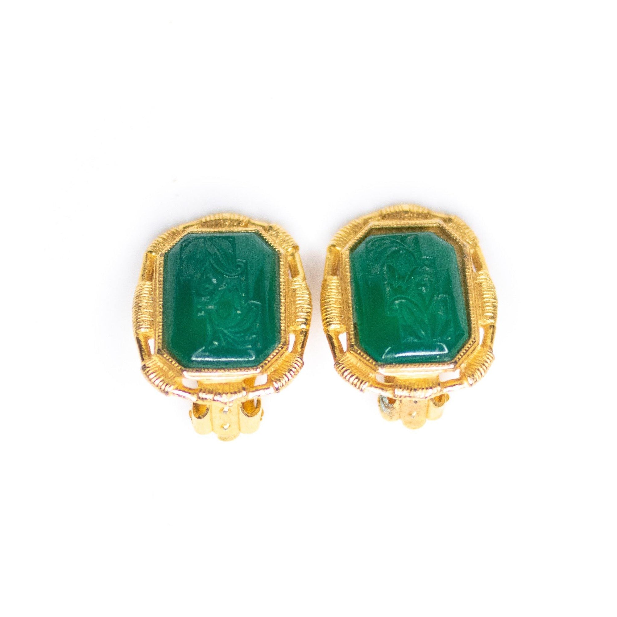Vintage Etruscan Revival Jade Green Itaglio Style Statement Earrings by Unsigned Beauty - Vintage Meet Modern Vintage Jewelry - Chicago, Illinois - #oldhollywoodglamour #vintagemeetmodern #designervintage #jewelrybox #antiquejewelry #vintagejewelry
