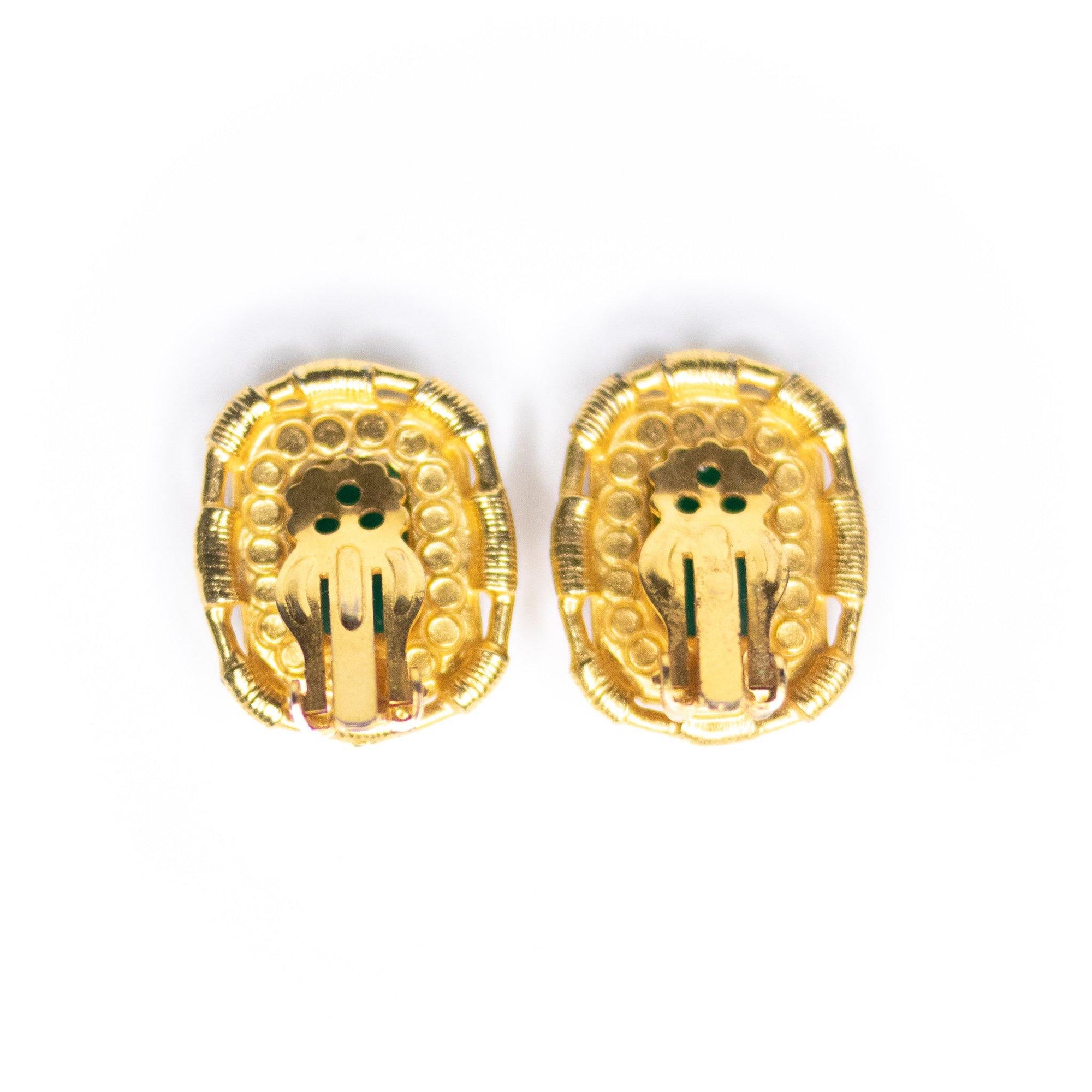 Vintage Etruscan Revival Jade Green Itaglio Style Statement Earrings by Unsigned Beauty - Vintage Meet Modern Vintage Jewelry - Chicago, Illinois - #oldhollywoodglamour #vintagemeetmodern #designervintage #jewelrybox #antiquejewelry #vintagejewelry