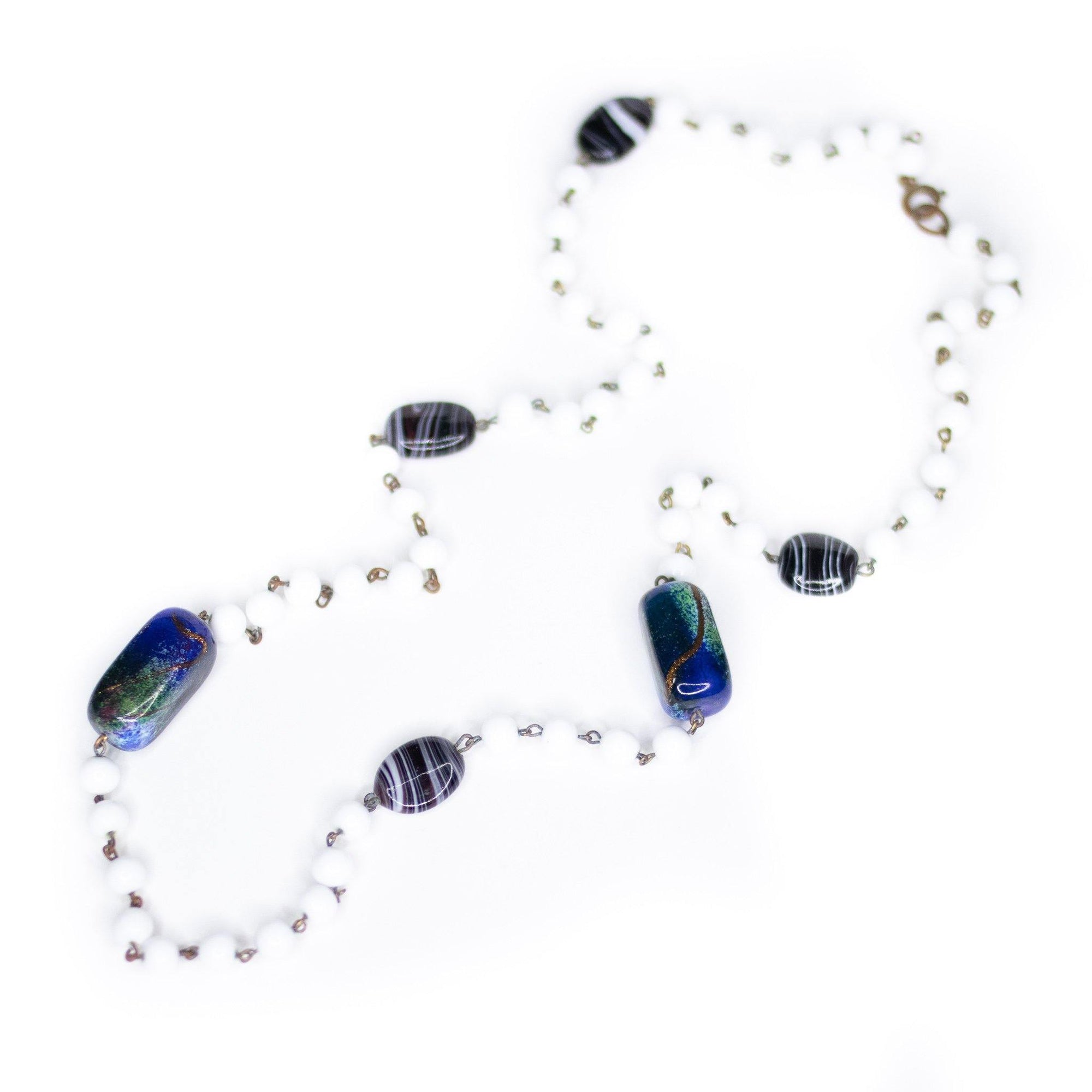 Vintage Art Deco Style Milk Glass and Art Glass Beaded Necklace by Unsigned Beauty - Vintage Meet Modern Vintage Jewelry - Chicago, Illinois - #oldhollywoodglamour #vintagemeetmodern #designervintage #jewelrybox #antiquejewelry #vintagejewelry