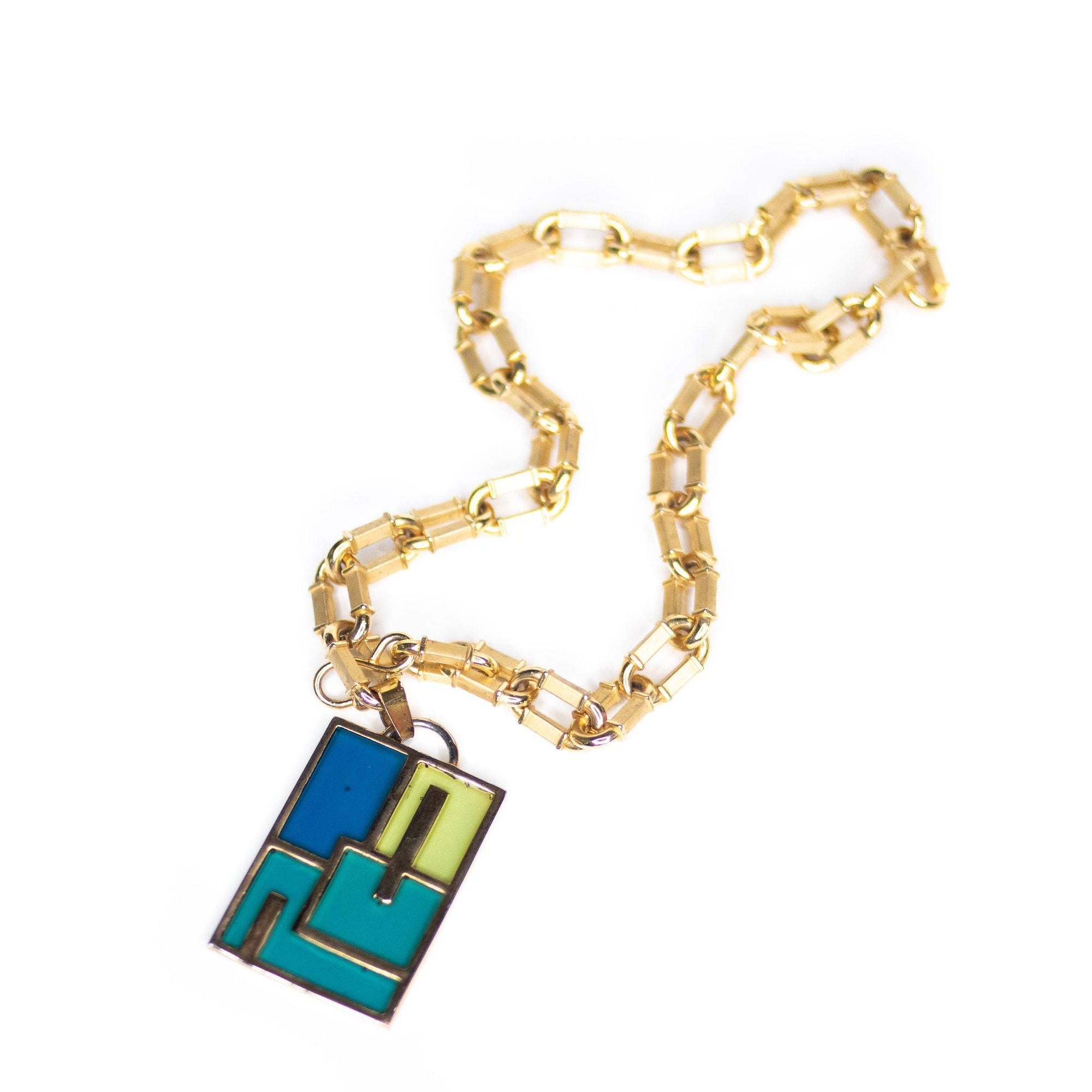Vintage Geometric Blue Green Glass Pendant Necklace by Unsigned Beauty - Vintage Meet Modern Vintage Jewelry - Chicago, Illinois - #oldhollywoodglamour #vintagemeetmodern #designervintage #jewelrybox #antiquejewelry #vintagejewelry