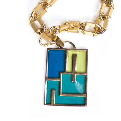 Vintage Geometric Blue Green Glass Pendant Necklace by Unsigned Beauty - Vintage Meet Modern Vintage Jewelry - Chicago, Illinois - #oldhollywoodglamour #vintagemeetmodern #designervintage #jewelrybox #antiquejewelry #vintagejewelry