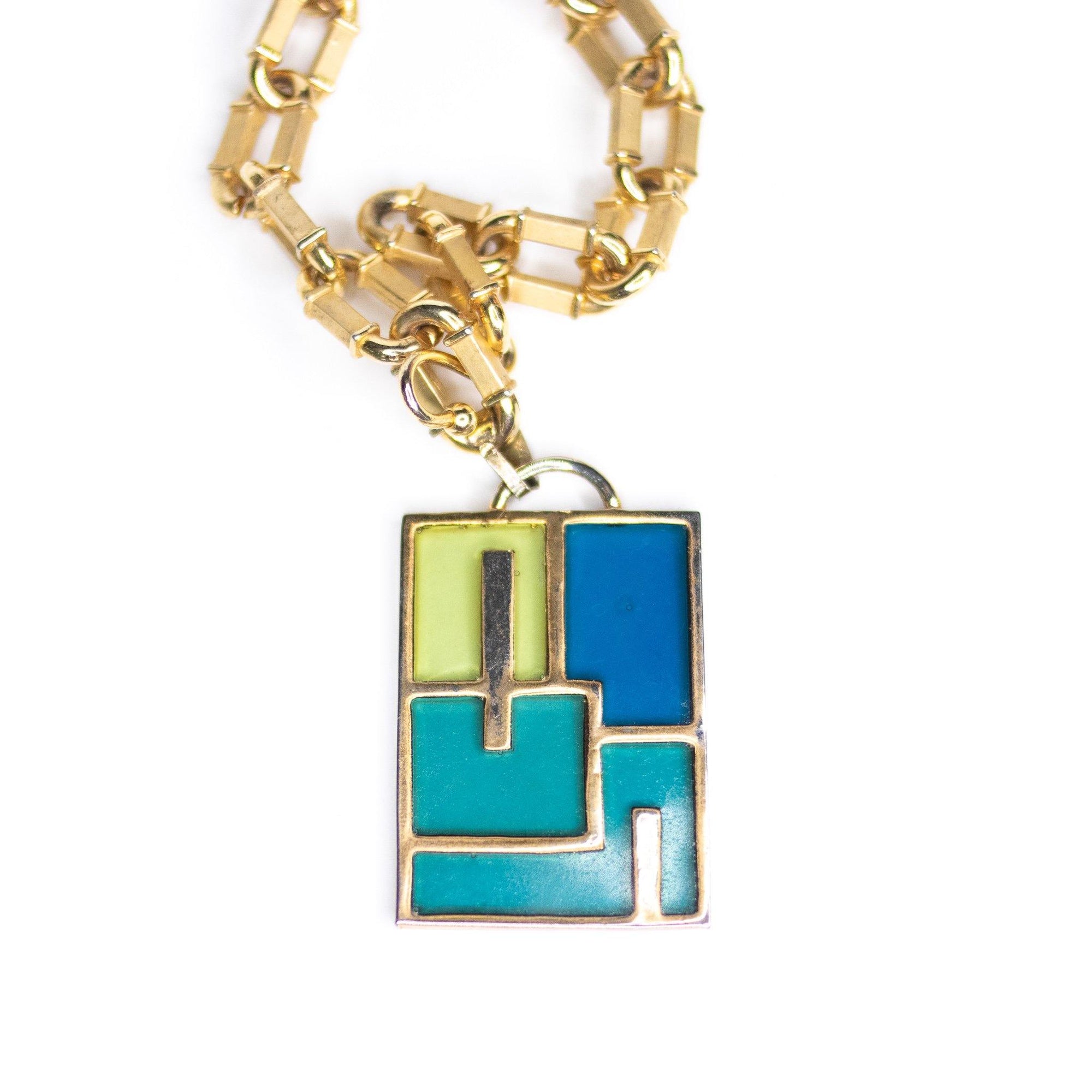 Vintage Geometric Blue Green Glass Pendant Necklace by Unsigned Beauty - Vintage Meet Modern Vintage Jewelry - Chicago, Illinois - #oldhollywoodglamour #vintagemeetmodern #designervintage #jewelrybox #antiquejewelry #vintagejewelry