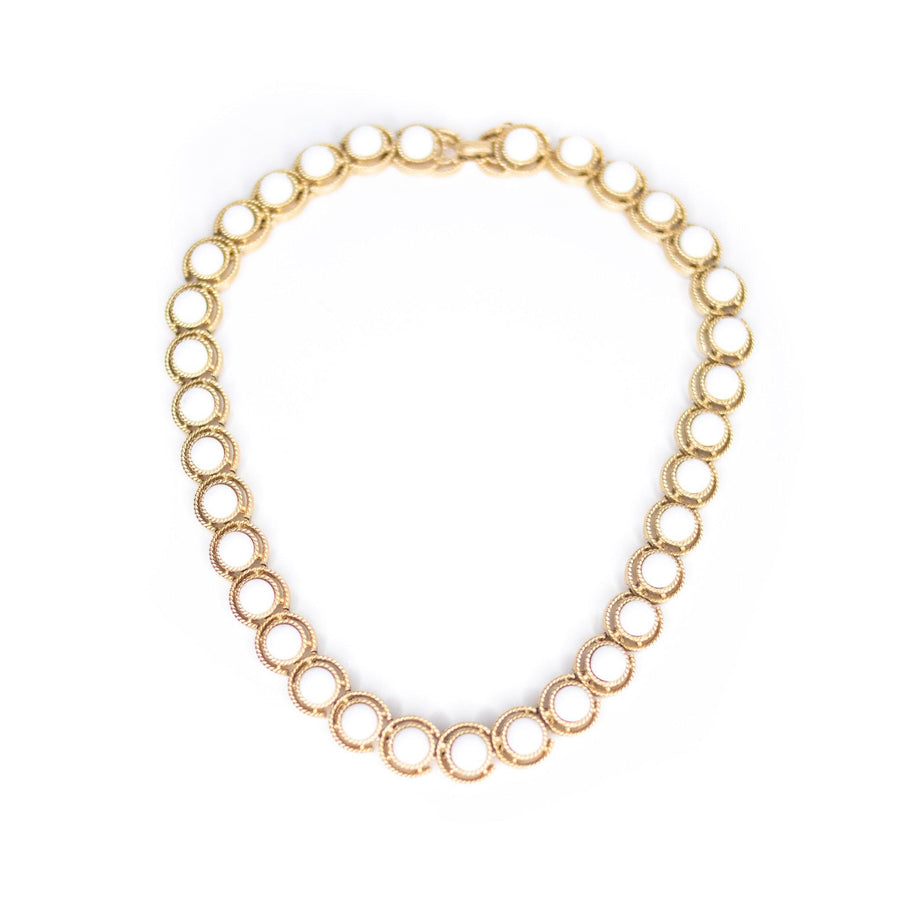 Vintage Crown Trifari White Cabochon and Gold Choker Necklace by Crown Trifari - Vintage Meet Modern Vintage Jewelry - Chicago, Illinois - #oldhollywoodglamour #vintagemeetmodern #designervintage #jewelrybox #antiquejewelry #vintagejewelry