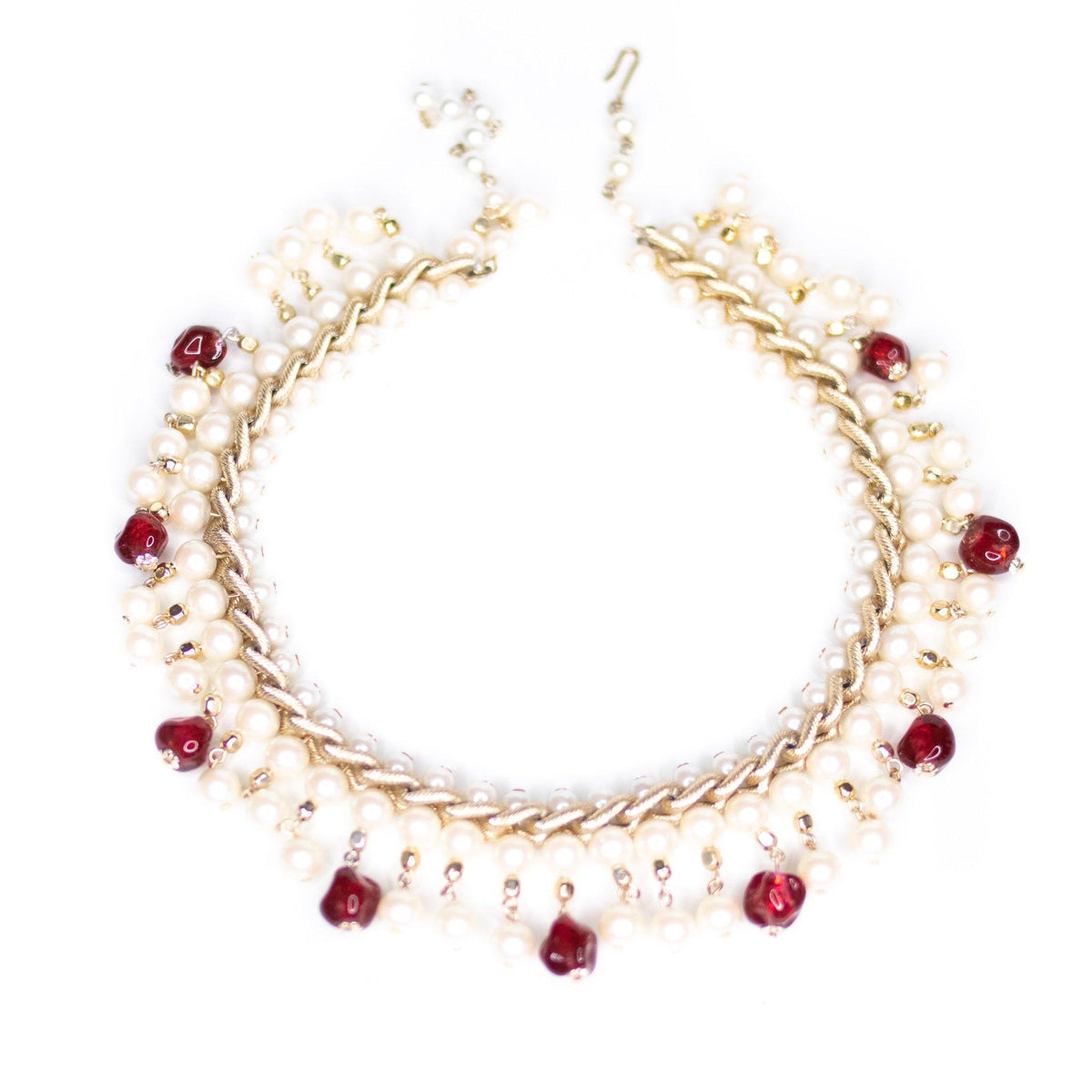 Vintage Red Glass Bead and Faux Pearl Bib Necklace