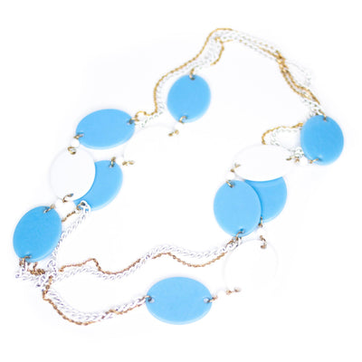 Vintage 1960s Mod Style Oversized Blue and White Disc Necklace by Vintage Meet Modern - Vintage Meet Modern Vintage Jewelry - Chicago, Illinois - #oldhollywoodglamour #vintagemeetmodern #designervintage #jewelrybox #antiquejewelry #vintagejewelry