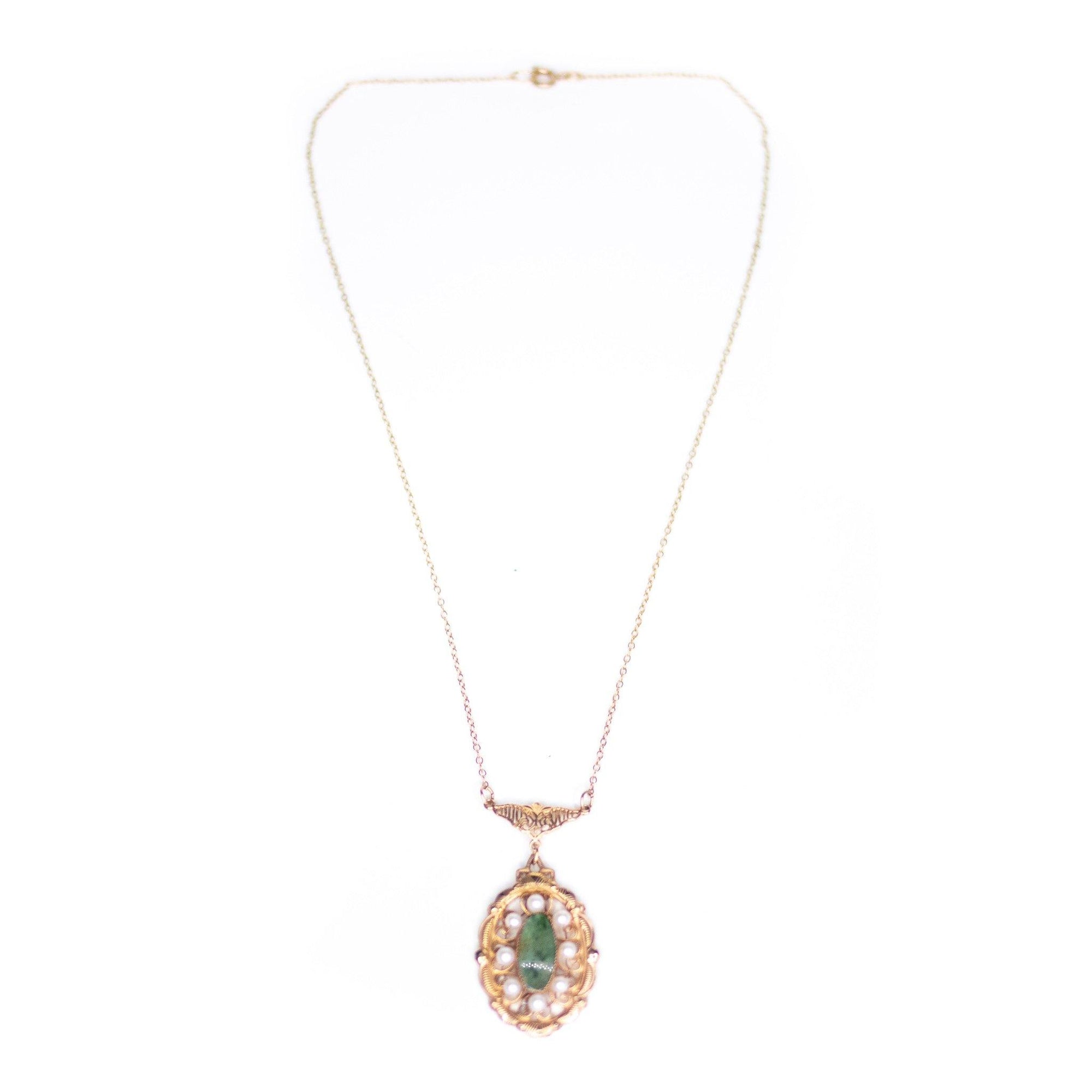 Vintage Gold Filled Jade and Seed Pearl Necklace by 1/20 12kt Gold Filled - Vintage Meet Modern Vintage Jewelry - Chicago, Illinois - #oldhollywoodglamour #vintagemeetmodern #designervintage #jewelrybox #antiquejewelry #vintagejewelry
