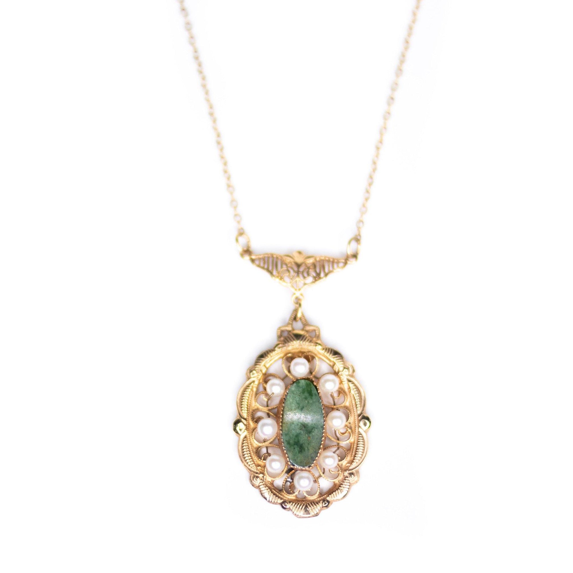 Vintage Gold Filled Jade and Seed Pearl Necklace by 1/20 12kt Gold Filled - Vintage Meet Modern Vintage Jewelry - Chicago, Illinois - #oldhollywoodglamour #vintagemeetmodern #designervintage #jewelrybox #antiquejewelry #vintagejewelry