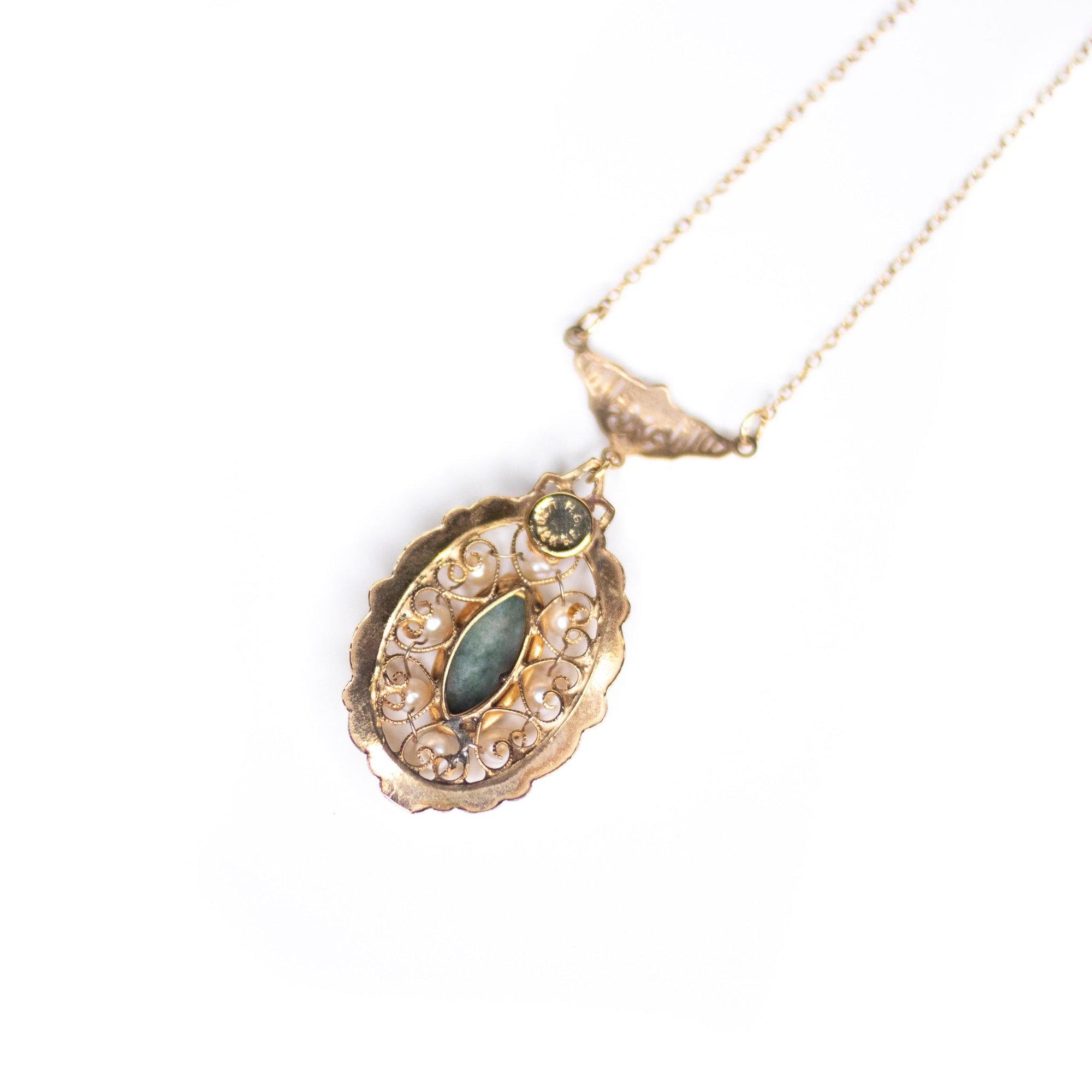 Vintage Gold Filled Jade and Seed Pearl Necklace by 1/20 12kt Gold Filled - Vintage Meet Modern Vintage Jewelry - Chicago, Illinois - #oldhollywoodglamour #vintagemeetmodern #designervintage #jewelrybox #antiquejewelry #vintagejewelry