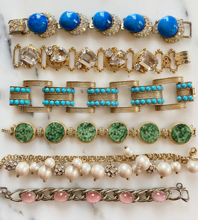 Marble Blue Glass Cabochon and Aurora Borealis Crystal Bracelet by Vintage Meet Modern  - Vintage Meet Modern Vintage Jewelry - Chicago, Illinois - #oldhollywoodglamour #vintagemeetmodern #designervintage #jewelrybox #antiquejewelry #vintagejewelry