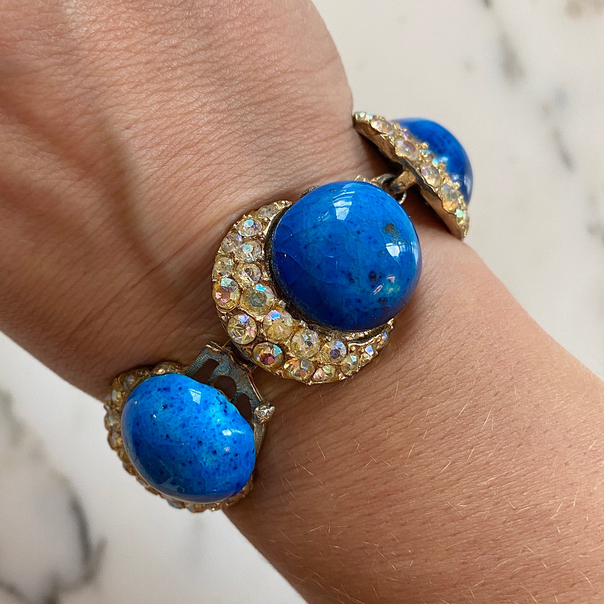 Marble Blue Glass Cabochon and Aurora Borealis Crystal Bracelet by Vintage Meet Modern - Vintage Meet Modern Vintage Jewelry - Chicago, Illinois - #oldhollywoodglamour #vintagemeetmodern #designervintage #jewelrybox #antiquejewelry #vintagejewelry