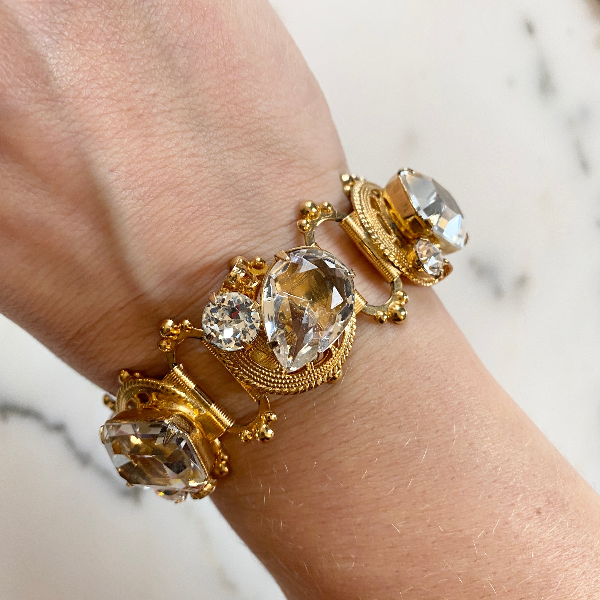 Emerald-Pear-Brilliant Cut Crystal Book Chain Link Statement Bracelet by Vintage Meet Modern - Vintage Meet Modern Vintage Jewelry - Chicago, Illinois - #oldhollywoodglamour #vintagemeetmodern #designervintage #jewelrybox #antiquejewelry #vintagejewelry