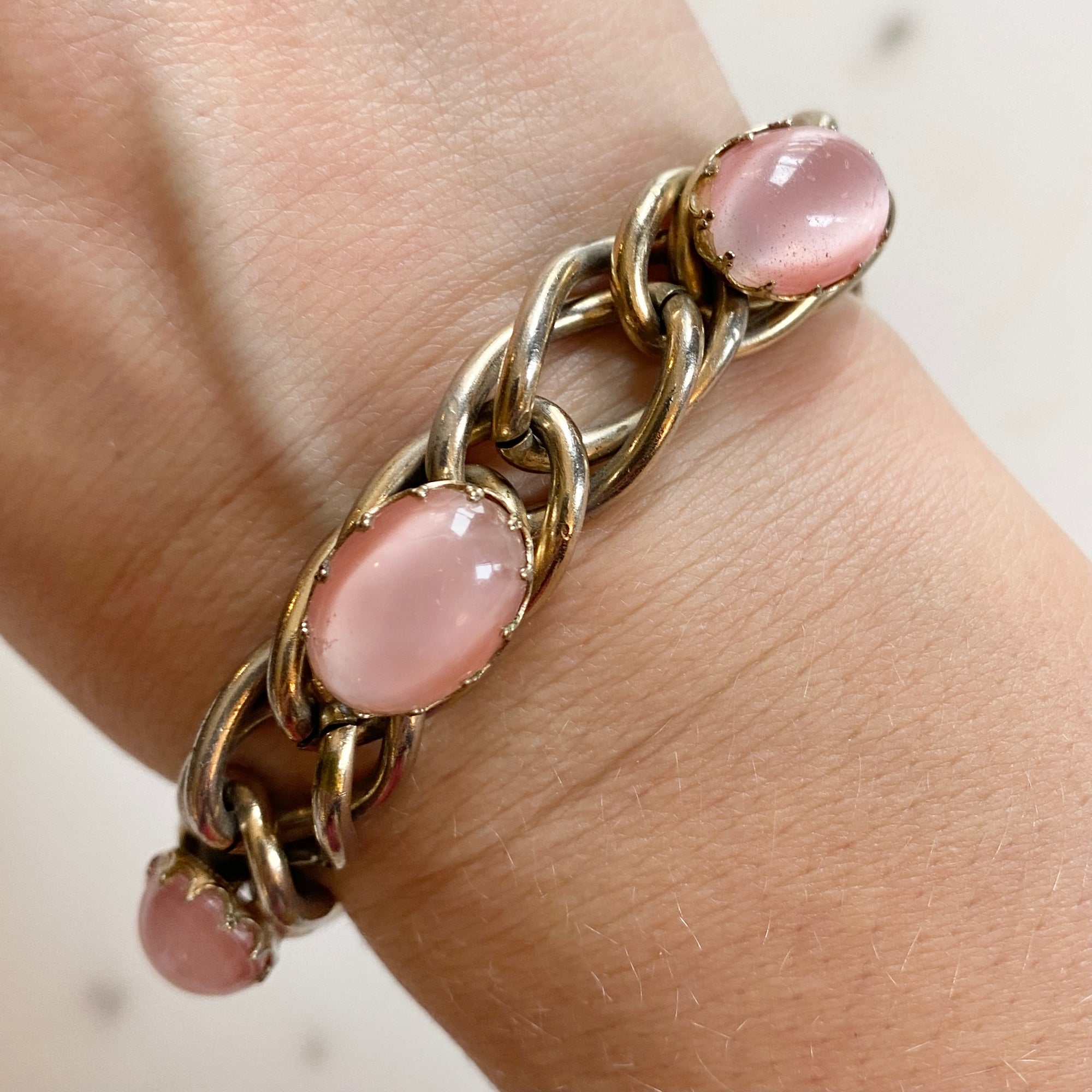 Kafin Pink Moonglow Glass Cabochon Bracelet by Vintage Meet Modern - Vintage Meet Modern Vintage Jewelry - Chicago, Illinois - #oldhollywoodglamour #vintagemeetmodern #designervintage #jewelrybox #antiquejewelry #vintagejewelry