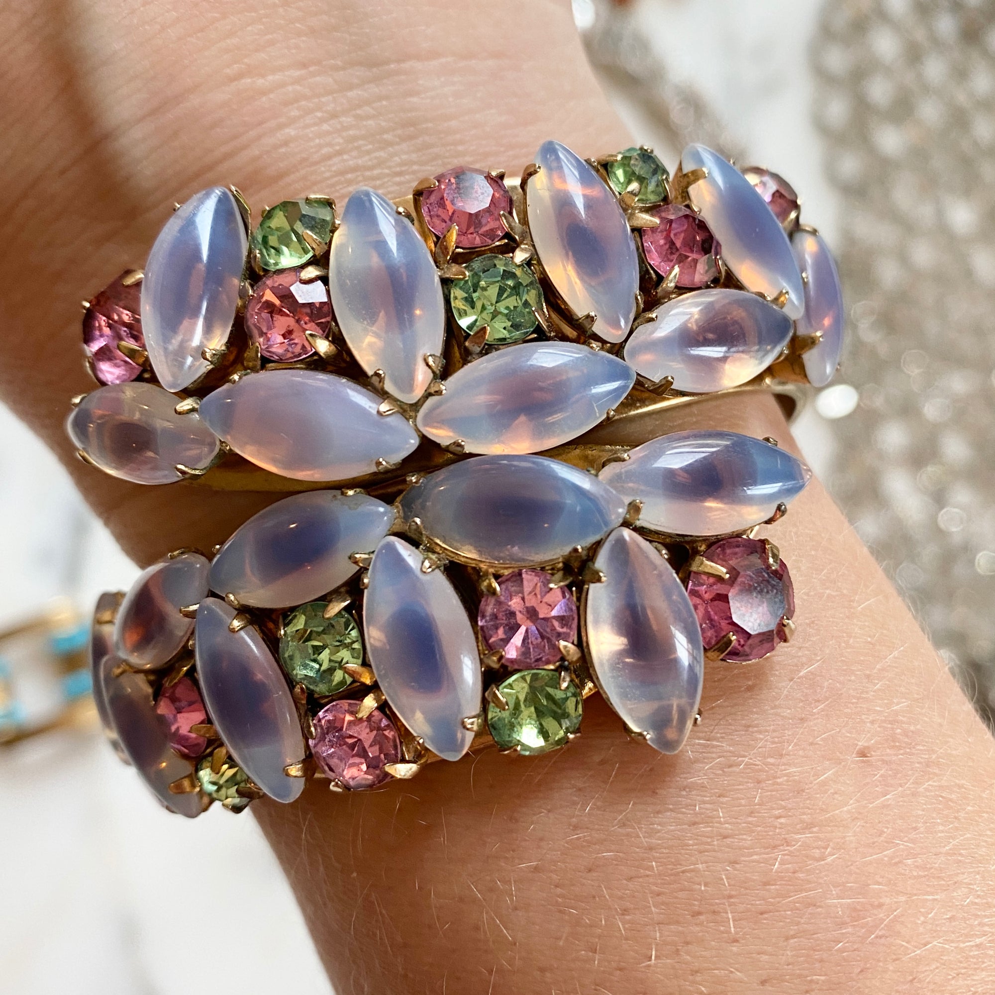 Lavender, Pink, and Green Sabrina Navette Rhinestone Clamper Bracelet by Vintage Meet Modern - Vintage Meet Modern Vintage Jewelry - Chicago, Illinois - #oldhollywoodglamour #vintagemeetmodern #designervintage #jewelrybox #antiquejewelry #vintagejewelry