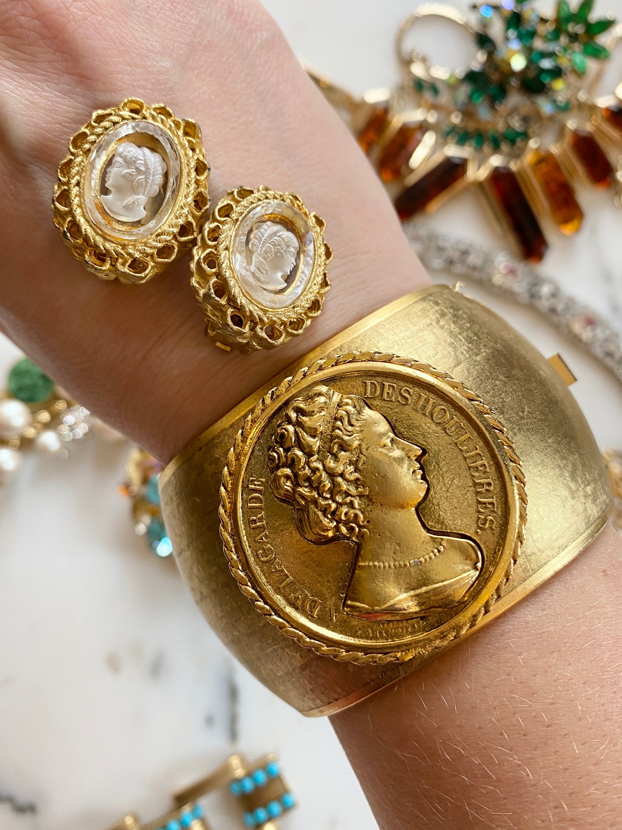 Couture Style French Coin Cuff Bracelet by Vintage Meet Modern - Vintage Meet Modern Vintage Jewelry - Chicago, Illinois - #oldhollywoodglamour #vintagemeetmodern #designervintage #jewelrybox #antiquejewelry #vintagejewelry