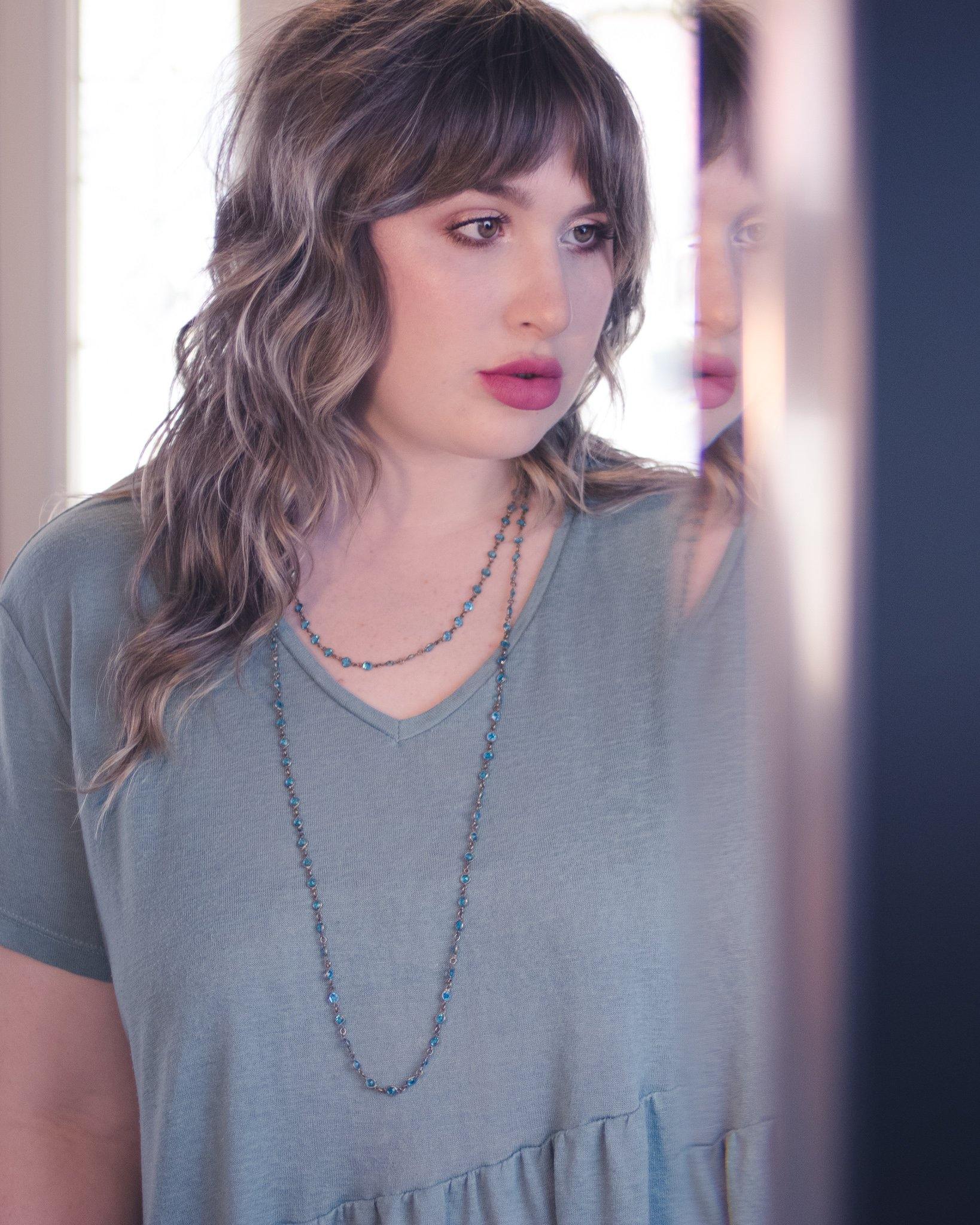 Art Deco Era Blue Petite Crystal Bezel Set Sautoir Necklace by Czech - Vintage Meet Modern Vintage Jewelry - Chicago, Illinois - #oldhollywoodglamour #vintagemeetmodern #designervintage #jewelrybox #antiquejewelry #vintagejewelry