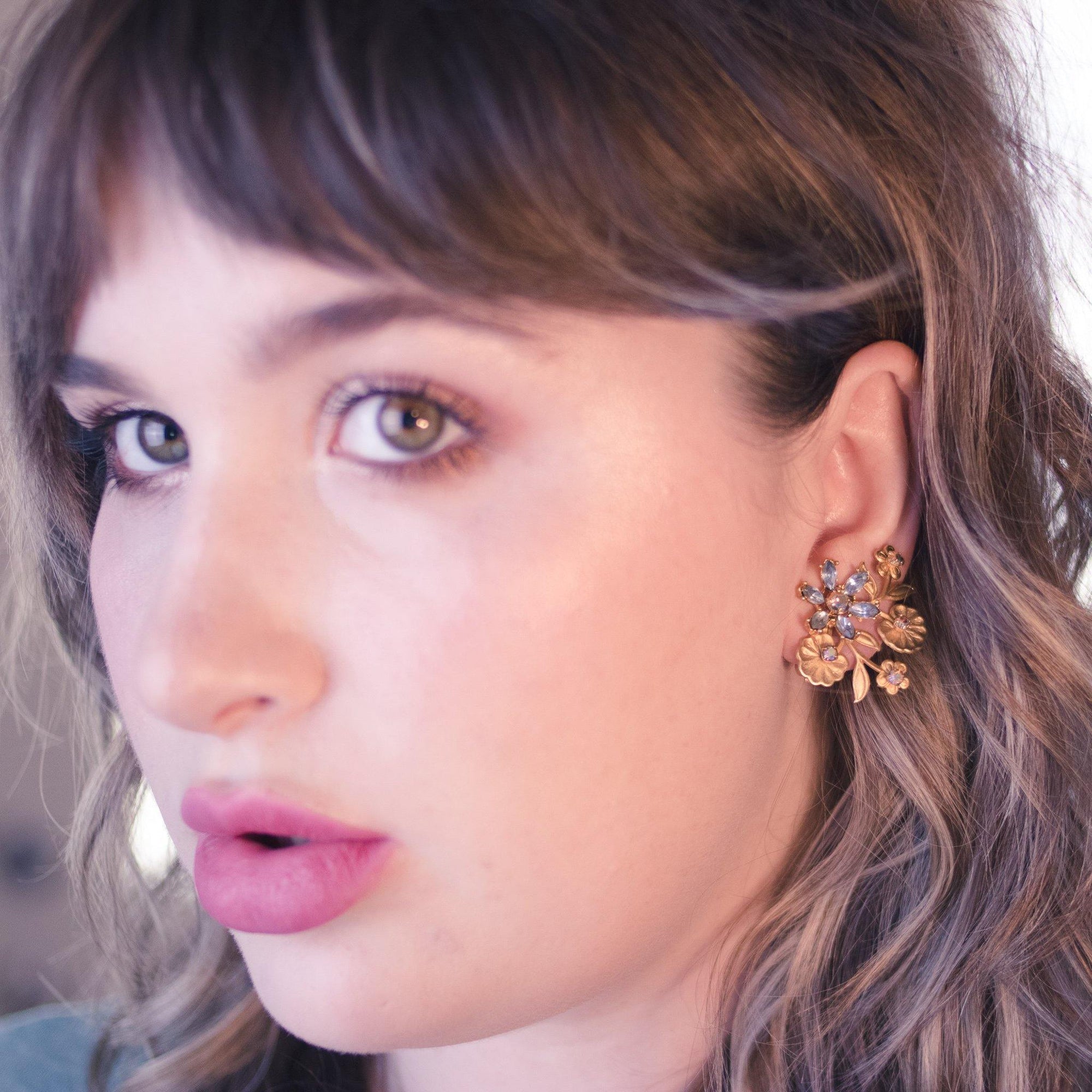 Vintage Mid Century Modern Gold Flower Earrings with Blue and Aurora Borealis Rhinestones by Unsigned - Vintage Meet Modern Vintage Jewelry - Chicago, Illinois - #oldhollywoodglamour #vintagemeetmodern #designervintage #jewelrybox #antiquejewelry #vintagejewelry