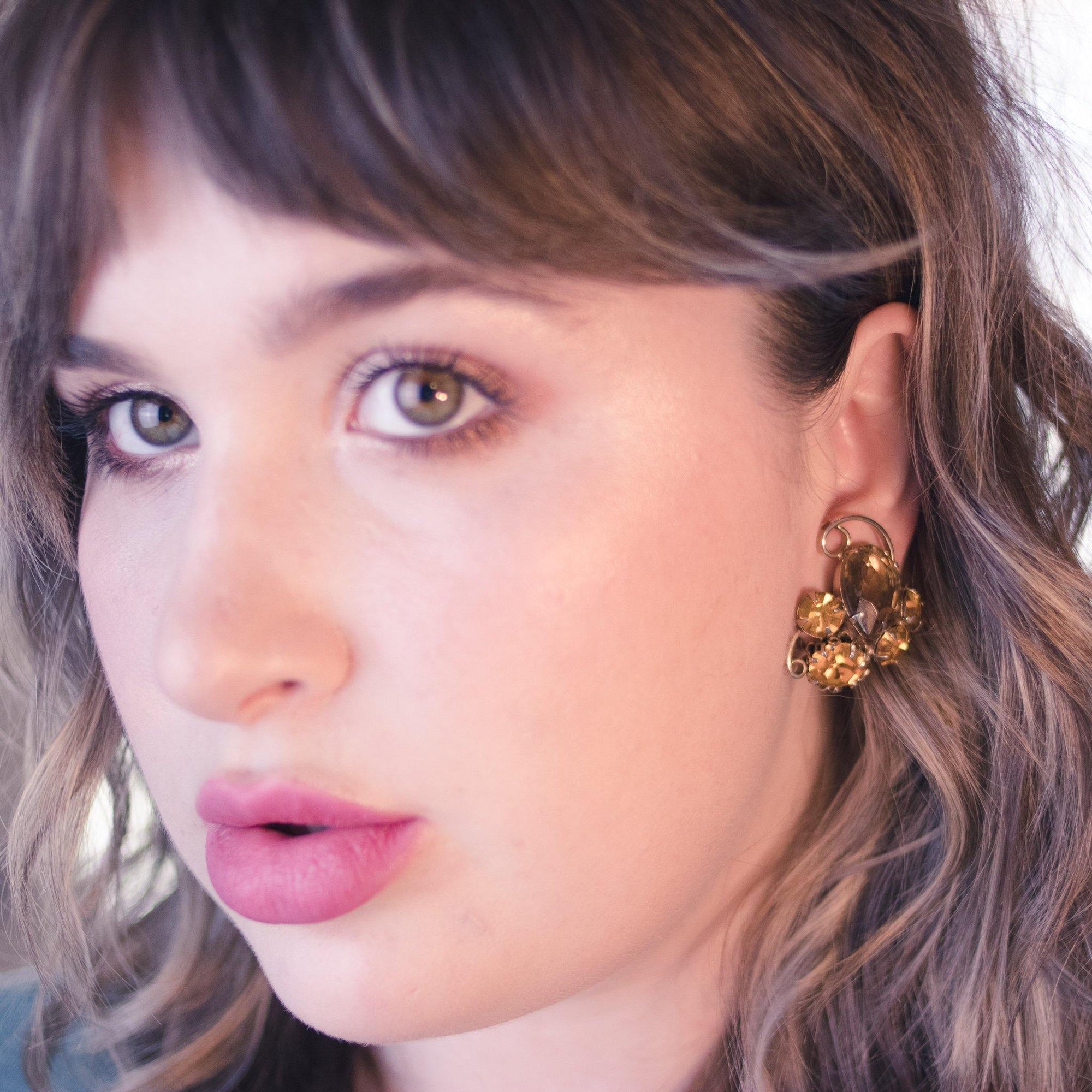 Vintage Smokey Topaz and Yellow Citrine Rhinestone Statement Earrings, Gold Tone by 1960s - Vintage Meet Modern Vintage Jewelry - Chicago, Illinois - #oldhollywoodglamour #vintagemeetmodern #designervintage #jewelrybox #antiquejewelry #vintagejewelry