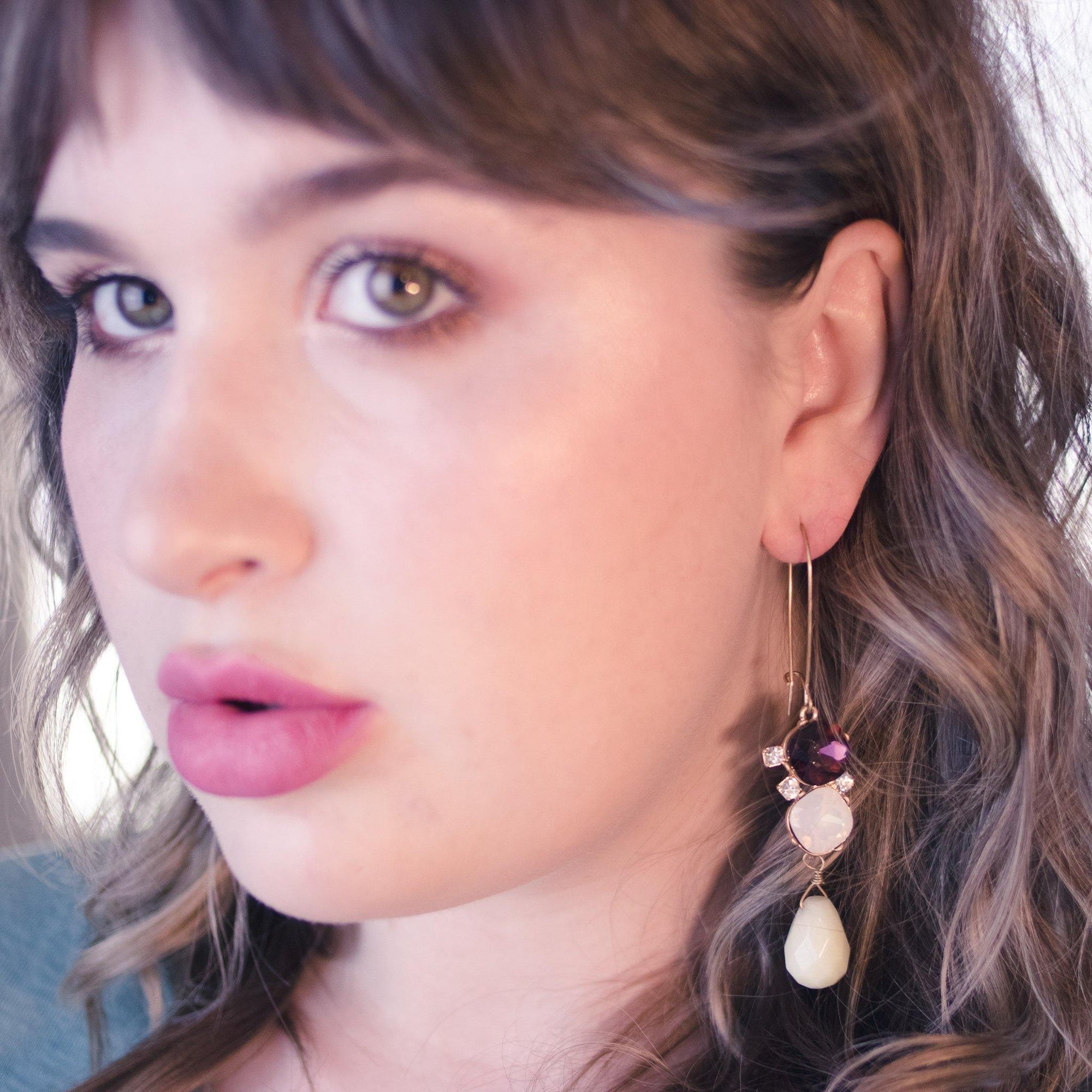 Elizabeth Drop Earrings with Jade, Opaline, and Rubelite Rhinestones by Vintage Meet Modern - Vintage Meet Modern Vintage Jewelry - Chicago, Illinois - #oldhollywoodglamour #vintagemeetmodern #designervintage #jewelrybox #antiquejewelry #vintagejewelry