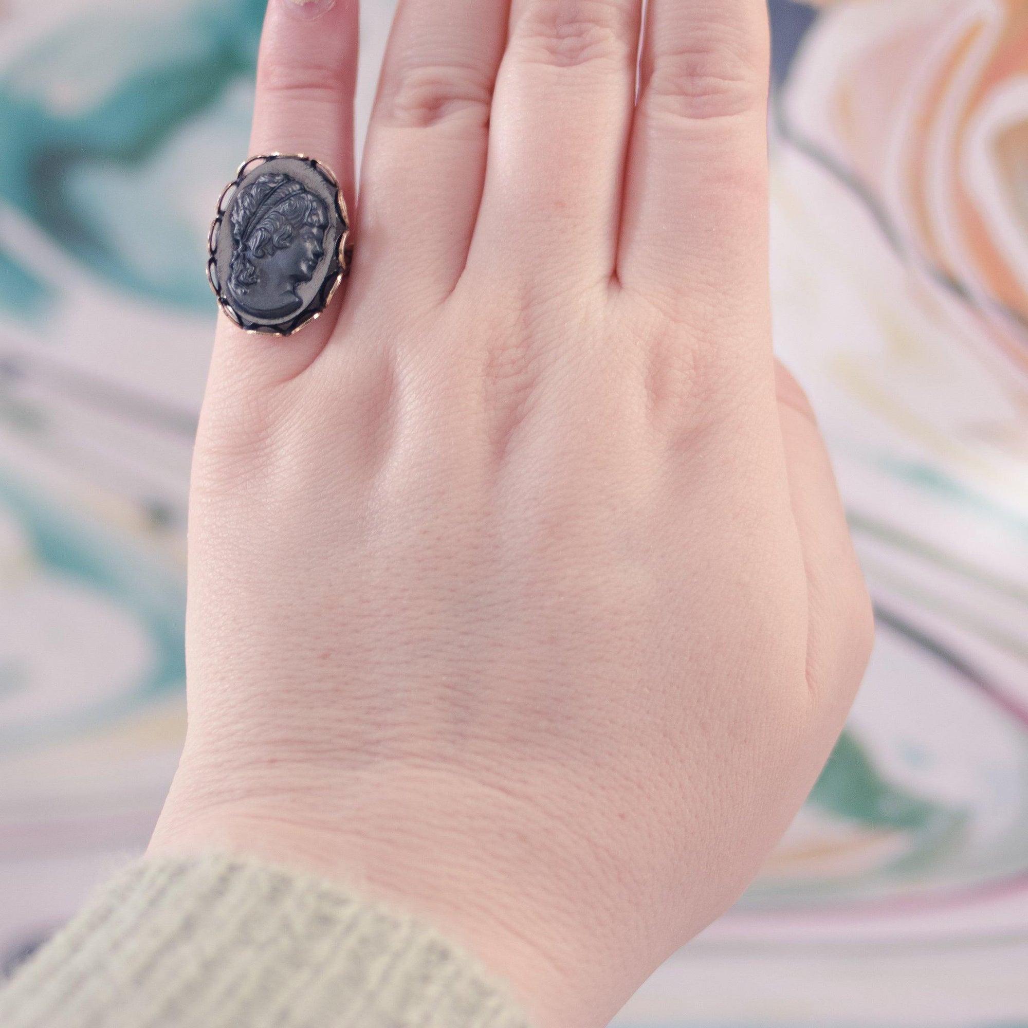 Vintage West Germany Black Glass Carved Cameo Ring by West Germany - Vintage Meet Modern Vintage Jewelry - Chicago, Illinois - #oldhollywoodglamour #vintagemeetmodern #designervintage #jewelrybox #antiquejewelry #vintagejewelry