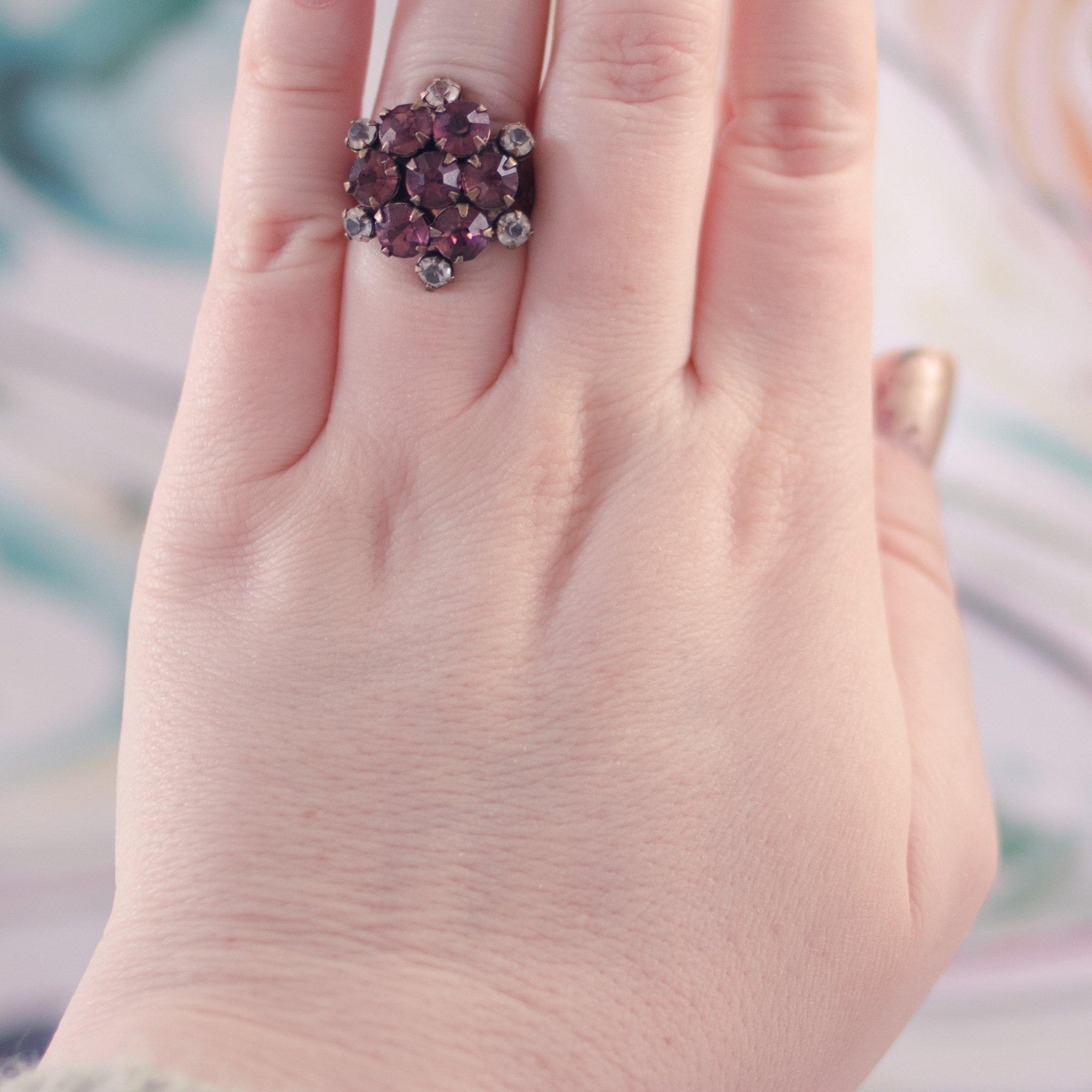 Vintage Amethyst Crystal Cluster Cocktail Ring by West Germany - Vintage Meet Modern Vintage Jewelry - Chicago, Illinois - #oldhollywoodglamour #vintagemeetmodern #designervintage #jewelrybox #antiquejewelry #vintagejewelry