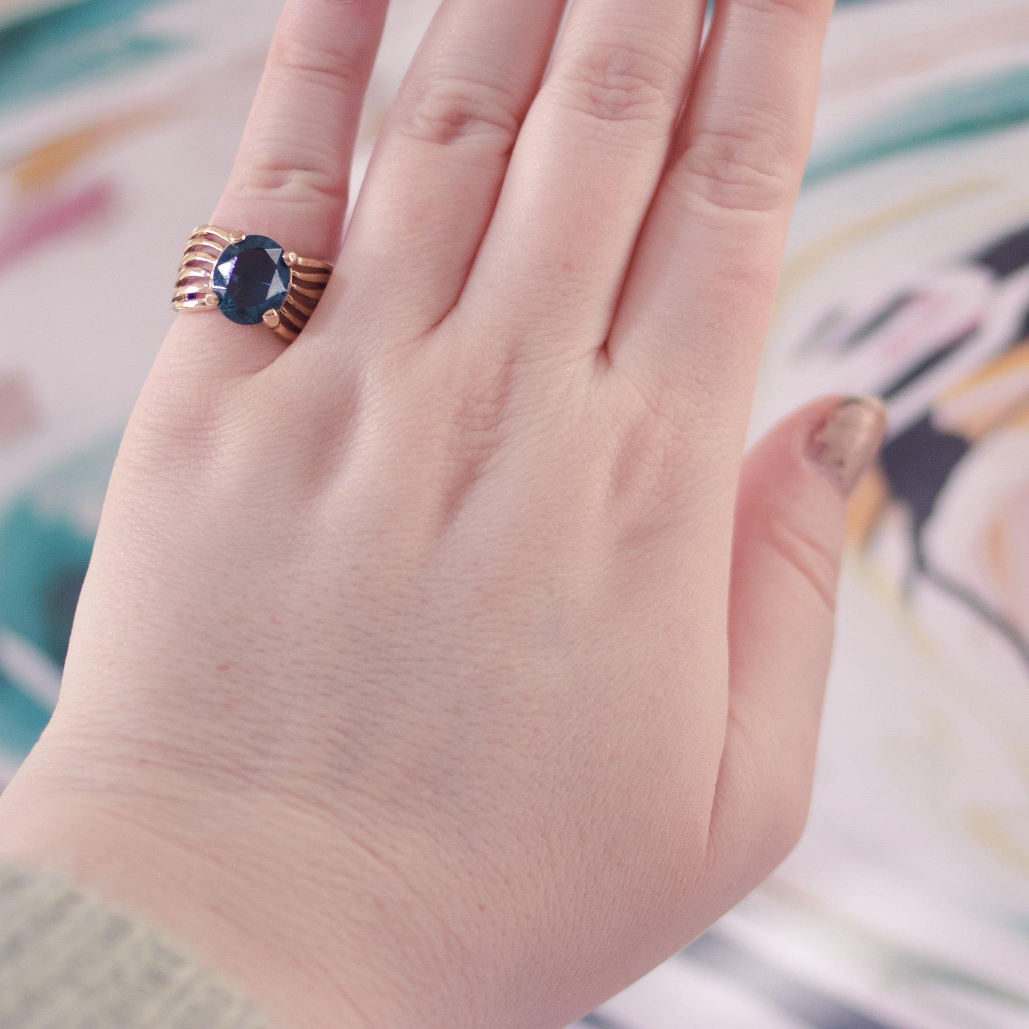 Vintage 18kt Gold Plated Wide Band Cocktail Ring with Blue Crystal Center Stone by Unsigned - Vintage Meet Modern Vintage Jewelry - Chicago, Illinois - #oldhollywoodglamour #vintagemeetmodern #designervintage #jewelrybox #antiquejewelry #vintagejewelry