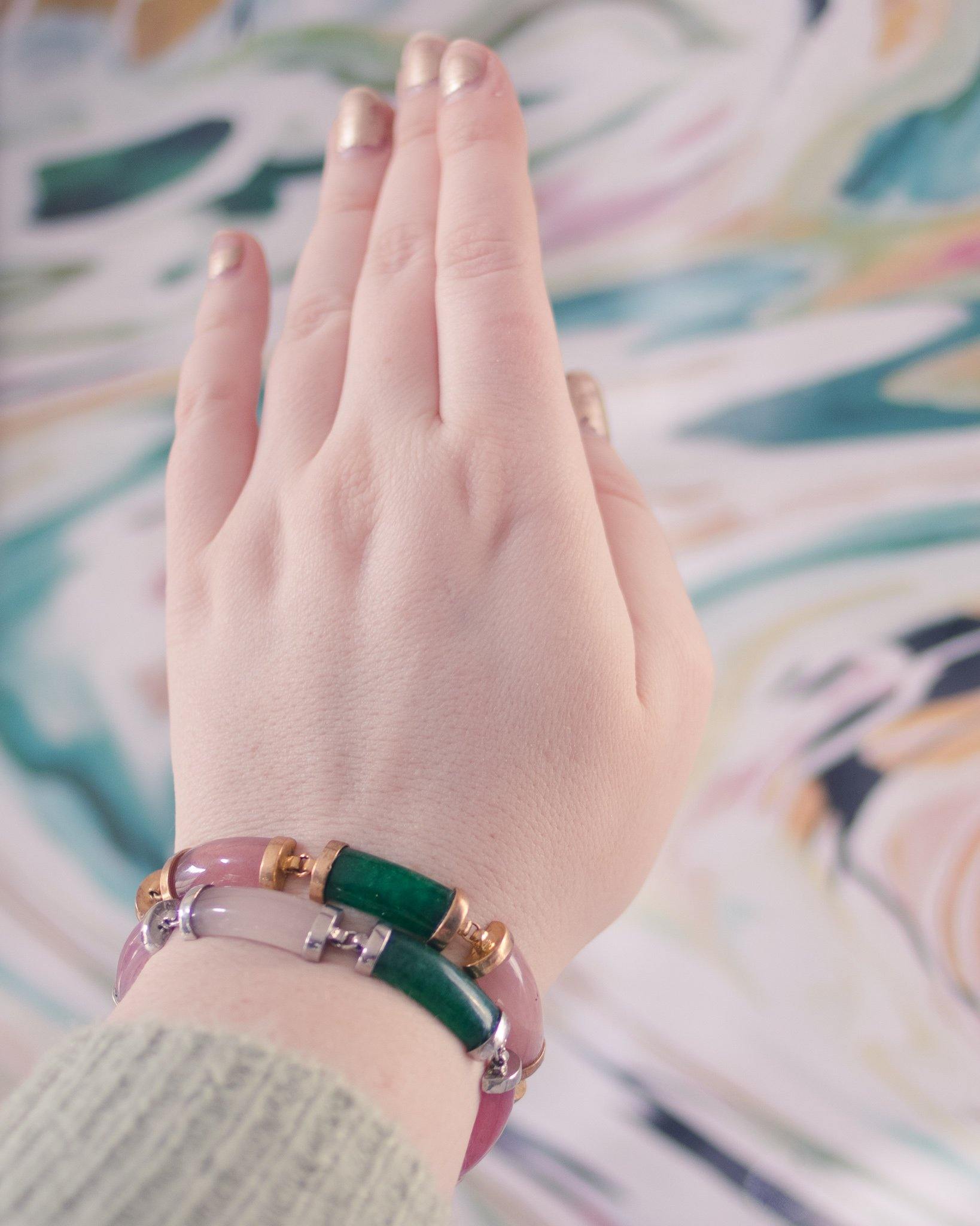 Vintage Pink and Green Jade Bracelet with Silver Tone Accents by Unsigned - Vintage Meet Modern Vintage Jewelry - Chicago, Illinois - #oldhollywoodglamour #vintagemeetmodern #designervintage #jewelrybox #antiquejewelry #vintagejewelry