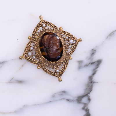 Vintage Florenza Cameo Tortoise with Faux Pearls by Florenza - Vintage Meet Modern Vintage Jewelry - Chicago, Illinois - #oldhollywoodglamour #vintagemeetmodern #designervintage #jewelrybox #antiquejewelry #vintagejewelry