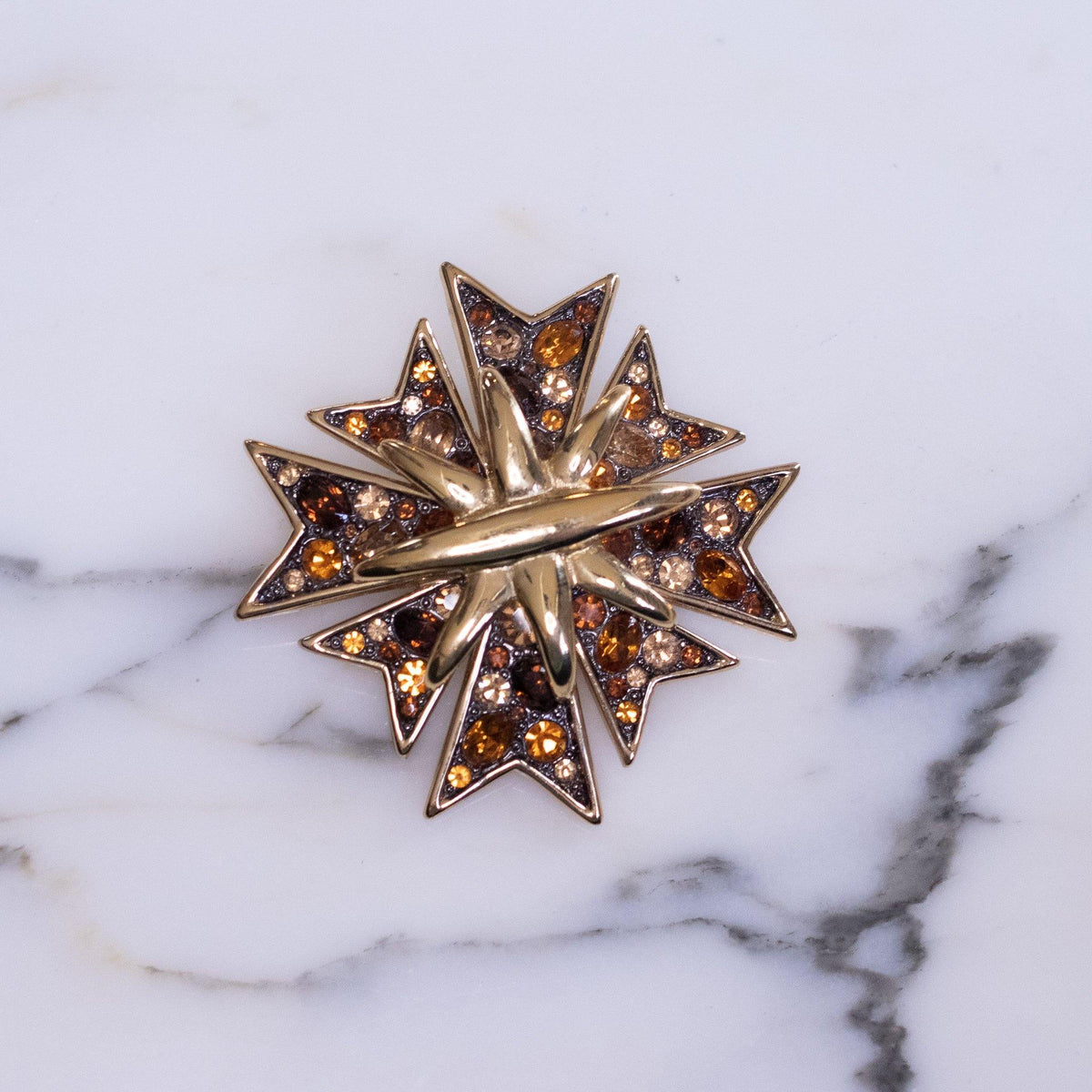 Vintage Kenneth Jay Lane Bejeweled Maltese Cross Brooch with Gunmetal, Amber, and Champagne Rhinestones