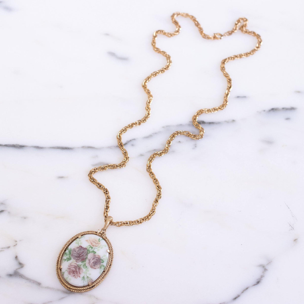 1950s Limoges Floral Pendant  Lavender and Pink Flowers