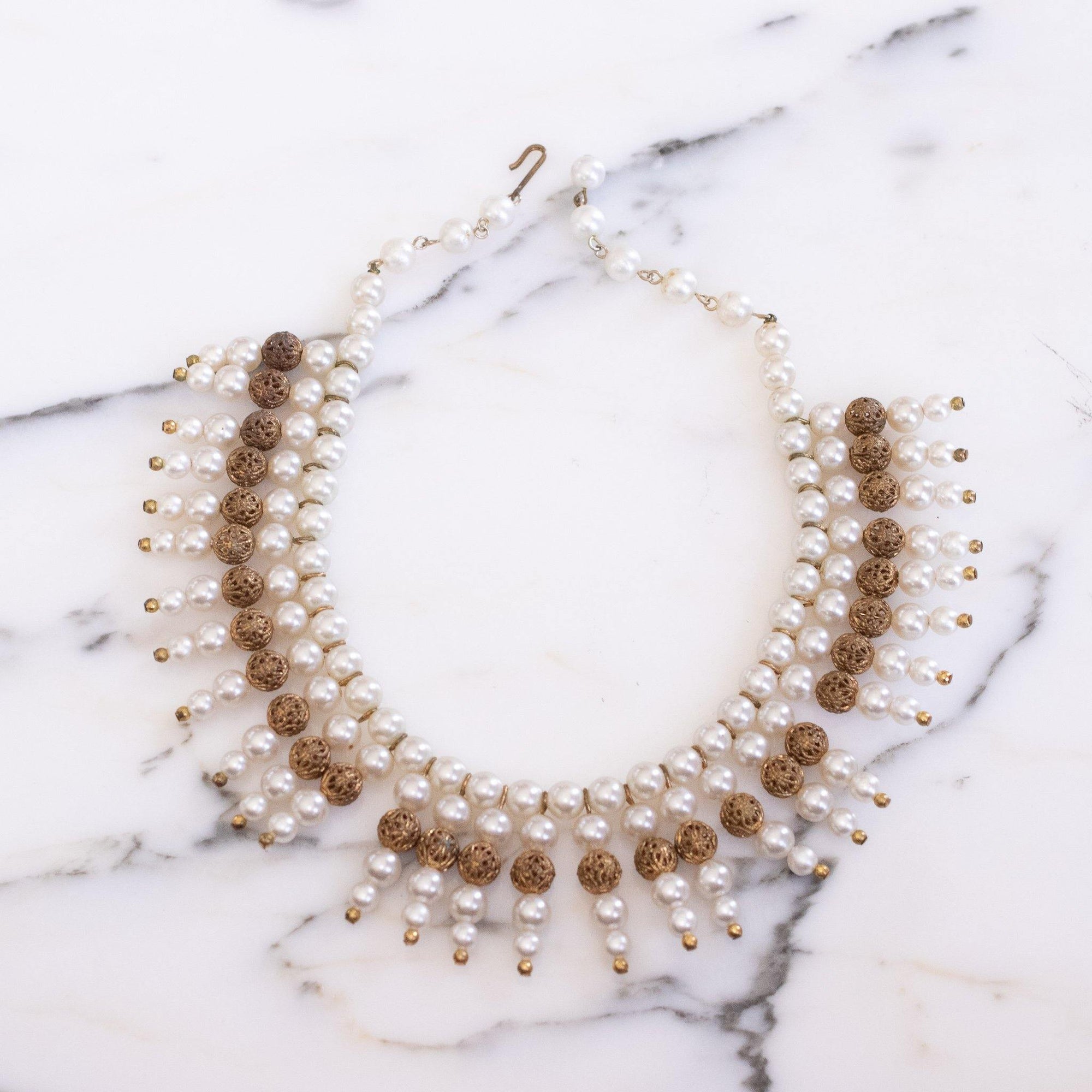 Vintage 1940s Pearl and Gold Filigree Bib Statement Necklace by 1940s - Vintage Meet Modern Vintage Jewelry - Chicago, Illinois - #oldhollywoodglamour #vintagemeetmodern #designervintage #jewelrybox #antiquejewelry #vintagejewelry