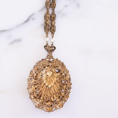 Vintage West Germany Medallion Necklace with Tigers Eye Glass by West Germany - Vintage Meet Modern Vintage Jewelry - Chicago, Illinois - #oldhollywoodglamour #vintagemeetmodern #designervintage #jewelrybox #antiquejewelry #vintagejewelry