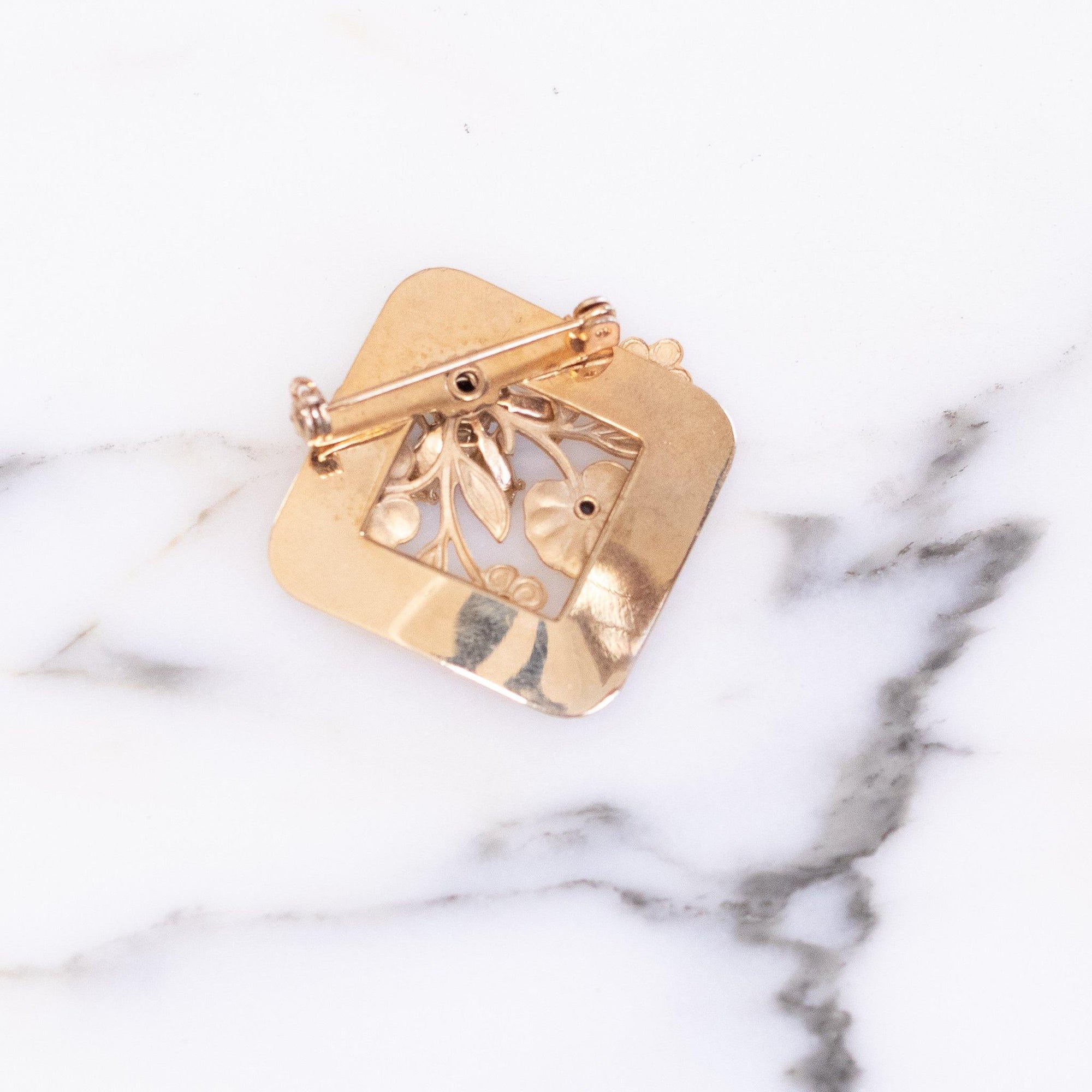 Vintage Gold Square Brooch Adorned with Blue Rhinestone Flowers and Gold Leaves by Unsigned - Vintage Meet Modern Vintage Jewelry - Chicago, Illinois - #oldhollywoodglamour #vintagemeetmodern #designervintage #jewelrybox #antiquejewelry #vintagejewelry