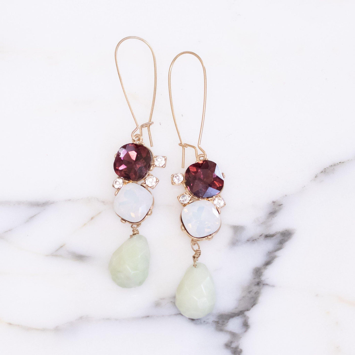 Elizabeth Drop Earrings with Jade, Opaline, and Rubelite Rhinestones