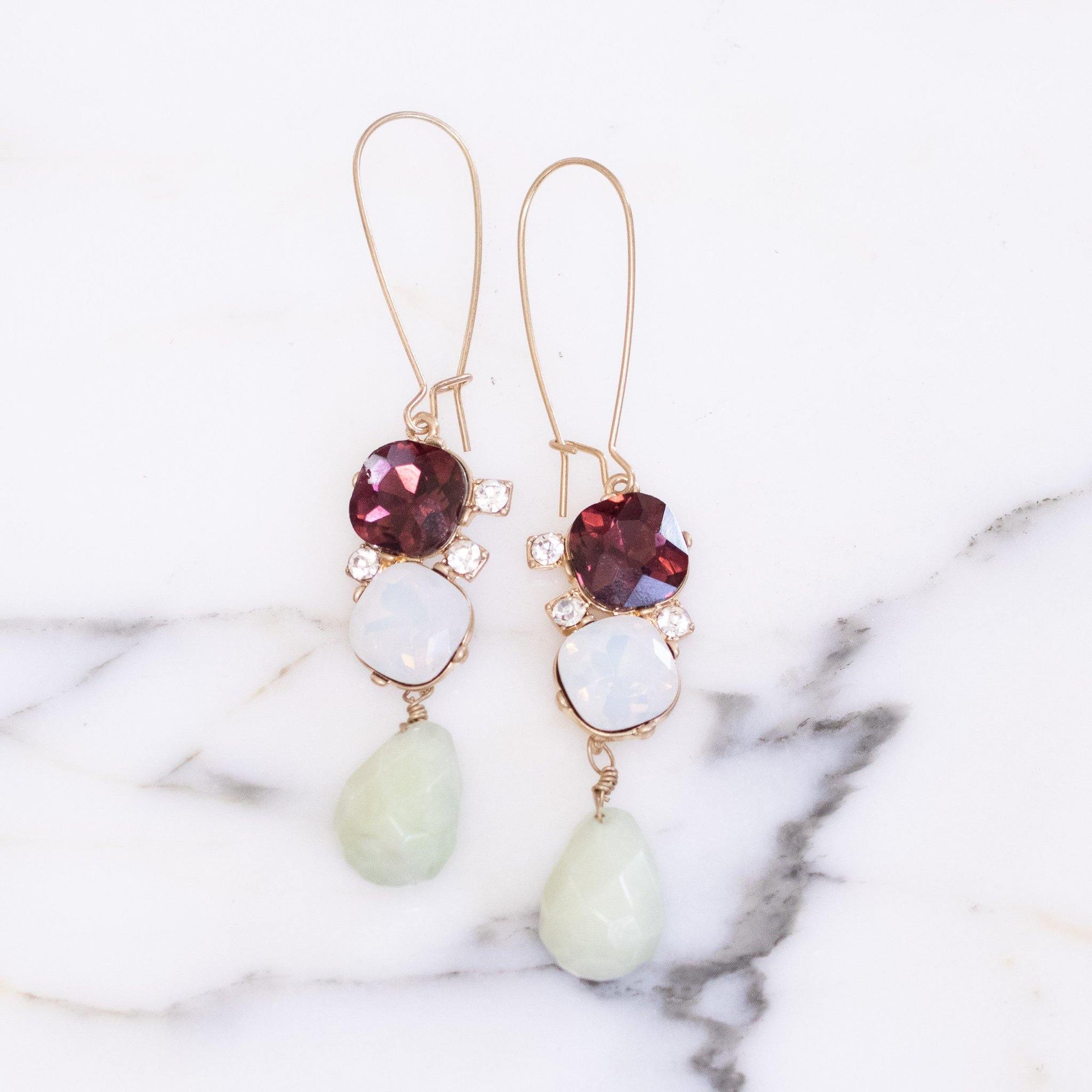 Elizabeth Drop Earrings with Jade, Opaline, and Rubelite Rhinestones by Vintage Meet Modern - Vintage Meet Modern Vintage Jewelry - Chicago, Illinois - #oldhollywoodglamour #vintagemeetmodern #designervintage #jewelrybox #antiquejewelry #vintagejewelry