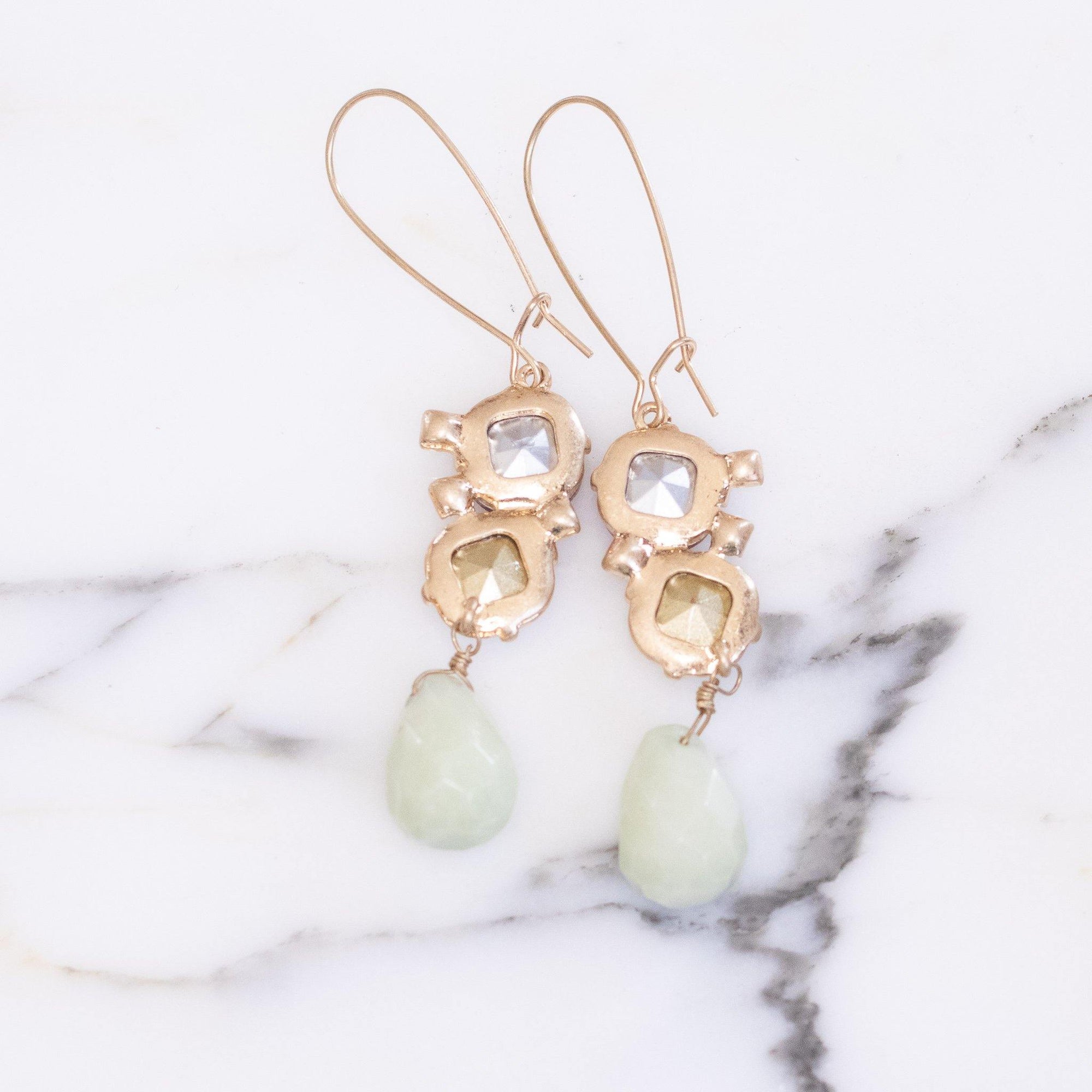 Elizabeth Drop Earrings with Jade, Opaline, and Rubelite Rhinestones by Vintage Meet Modern - Vintage Meet Modern Vintage Jewelry - Chicago, Illinois - #oldhollywoodglamour #vintagemeetmodern #designervintage #jewelrybox #antiquejewelry #vintagejewelry